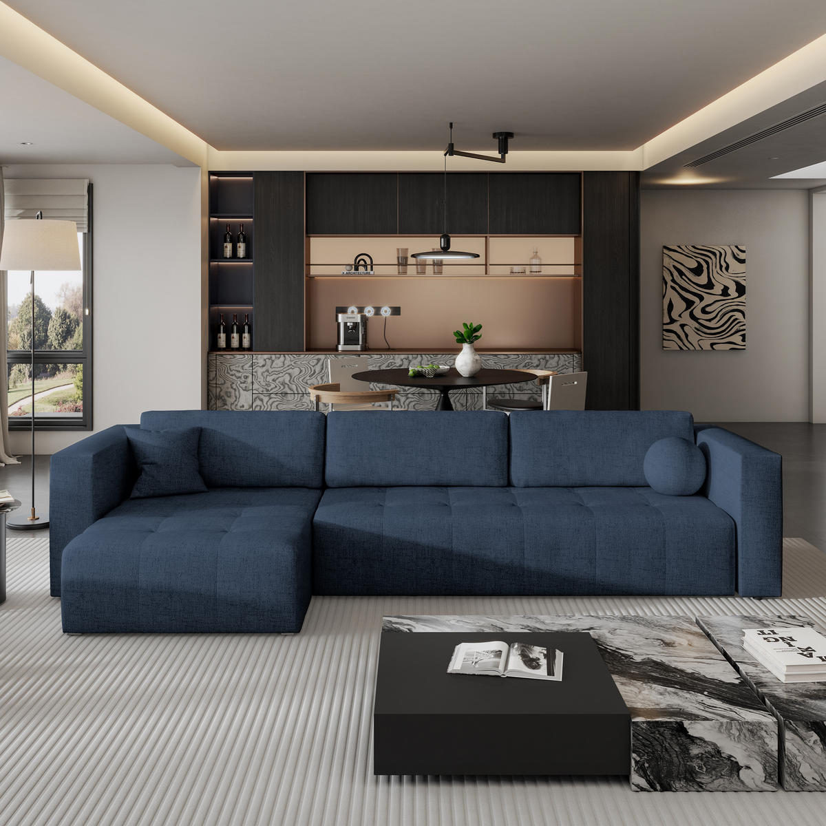 ECKSOFA OLVERA Blau Geflochtener Stoff mit Schlaffunktion - Blau, Holz (347/148cm) - MASSENO