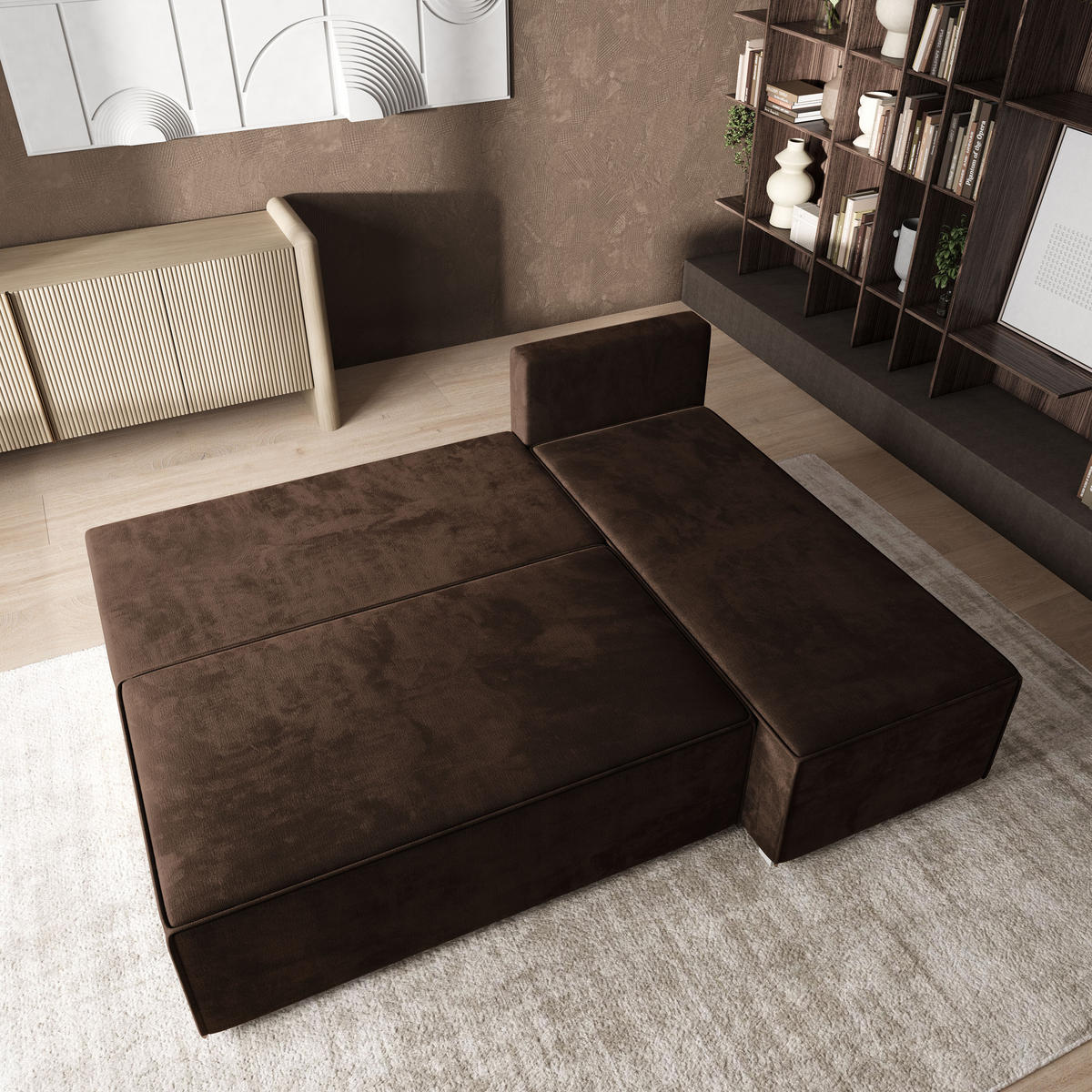 ROHOVÁ SEDAČKA BRISO hnědá - šedá/hnědá, dřevo/textil (200/140cm) - MASSENO