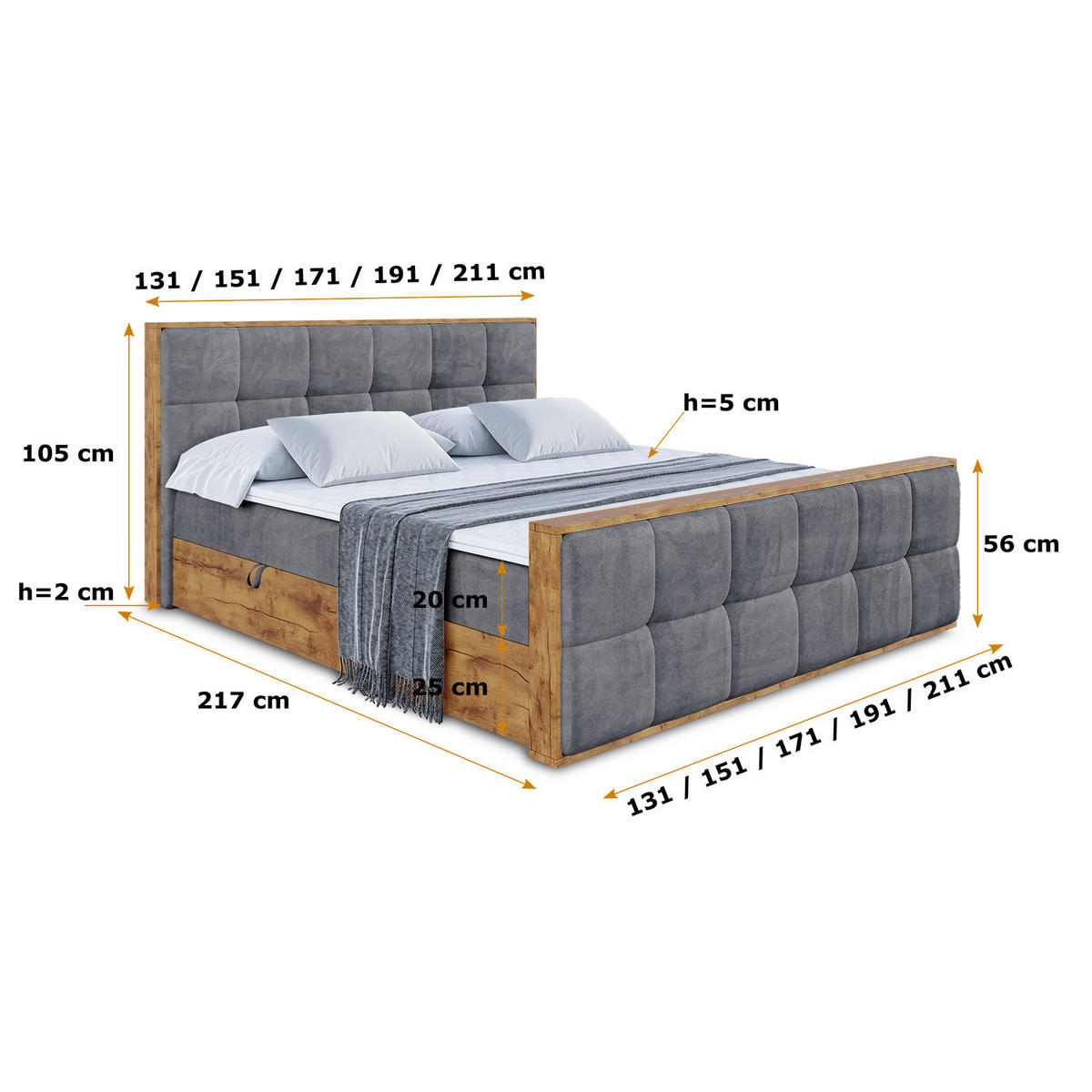 BOXBETT mit Matratze H3 und Lattenrost - LOLLI7-Z - 160x200 - Dunkelgrau Casablanca - Dunkelgrau, Holzwerkstoff (160/200cm) - ALTDECOR