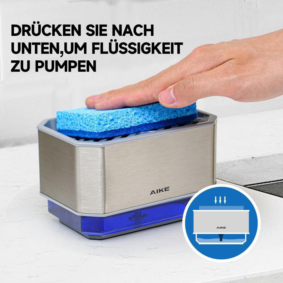 SEIFENSPENDER Küche Edelstahl 240 ml mit Schwamm - Silberfarben, Metall (9.8/14.7/10cm)