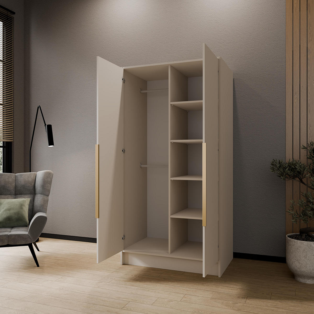 FLÜGELTÜRENSCHRANK PORTO - Kaschmir/Goldfarben, Holzwerkstoff (102/200/51cm) - Meblini