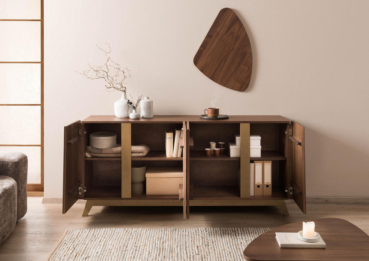 SIDEBOARD Nussbaum-Echtholzfurnier 200x45x85 braun lackiert BUTTERFLY #107 - Braun, Holz (200/85/45cm) - Massivmoebel24