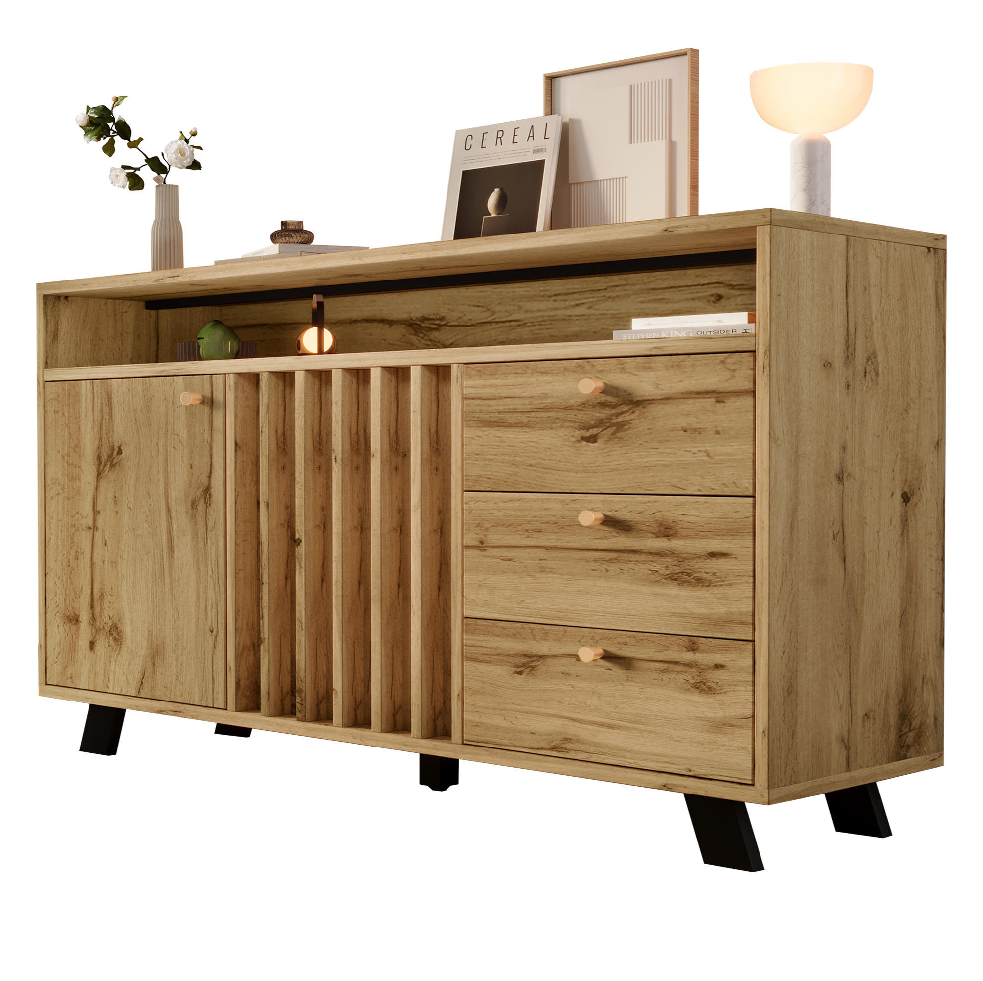 OKWISH KOMODA 120/40/85 cm tmavý dub z dřevotřísky a MDF s lamelovou frontou a 3 zásuvkami