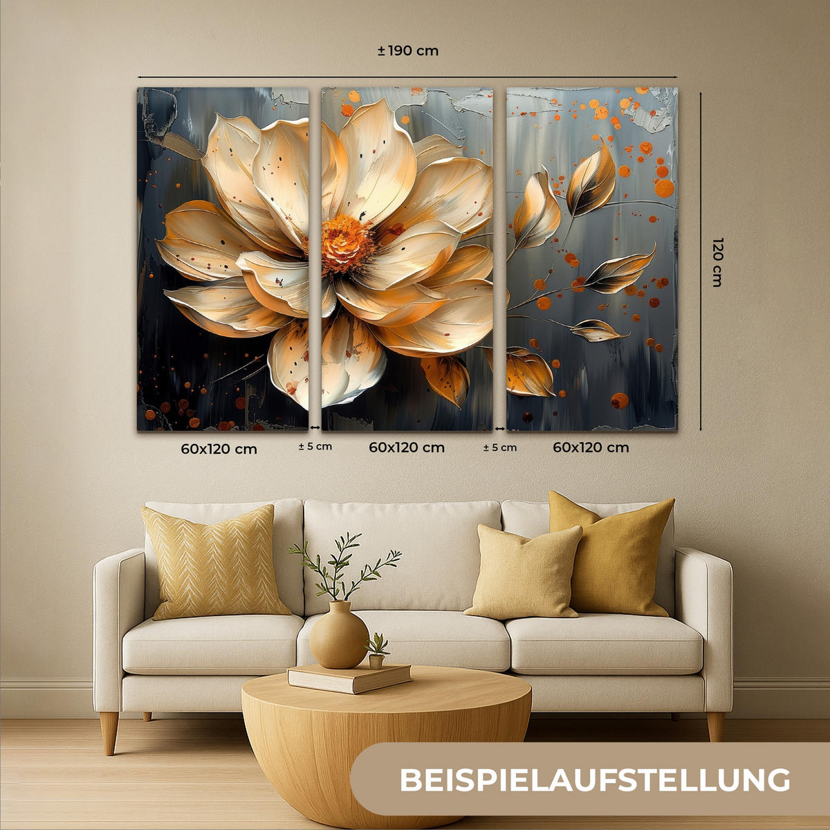 OBRAZ NA PLÁTNĚ 3dílná sada Květina - Zlato - Abstraktní - Malba 180x120 cm - krémová, textil (180/120cm) - MuchoWow
