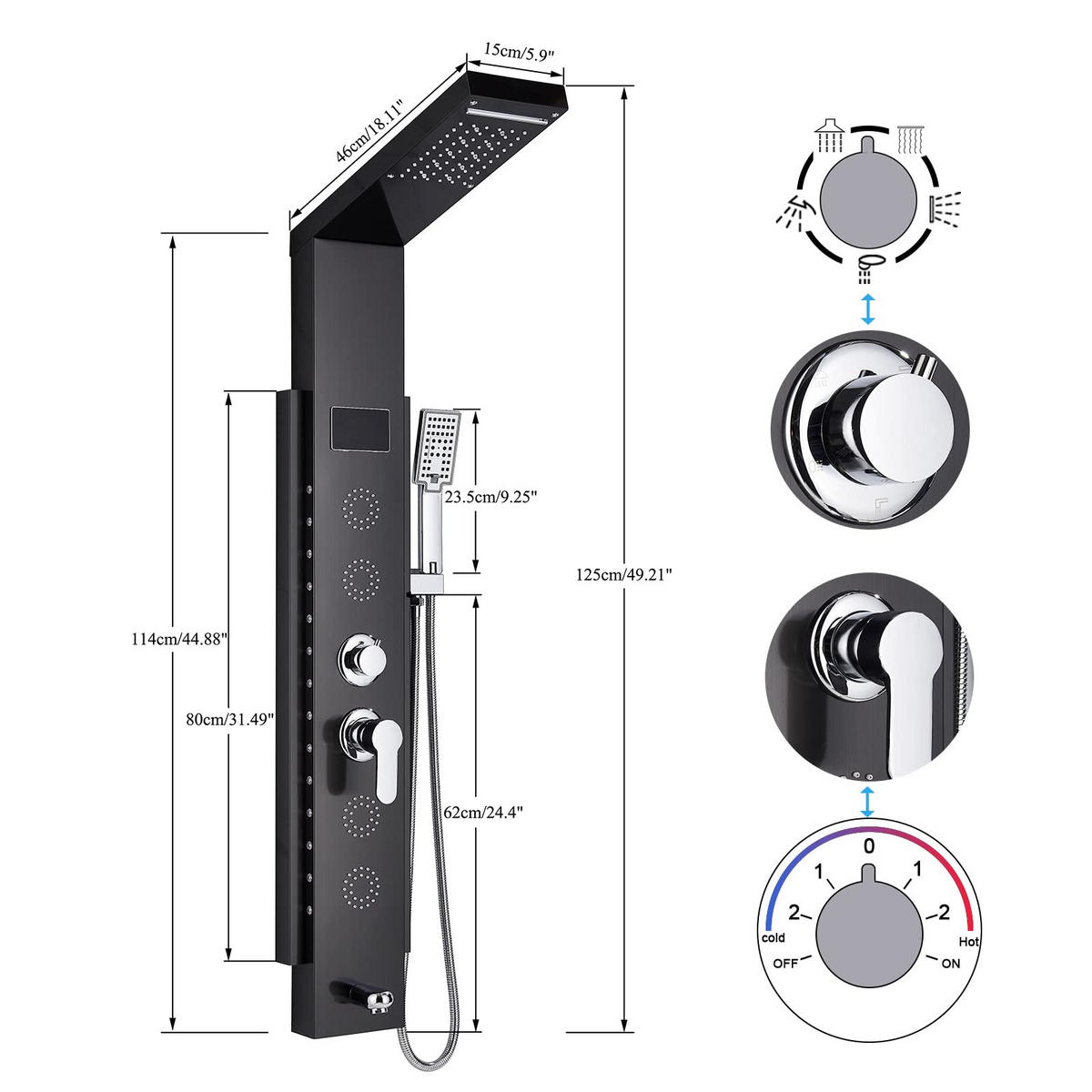ÜBERKOPFBRAUSESET Schwarz LED Edelstahl Regendusche Massagedusche Duschpaneel - Schwarz, Metall (15/125/46cm) - Kaket