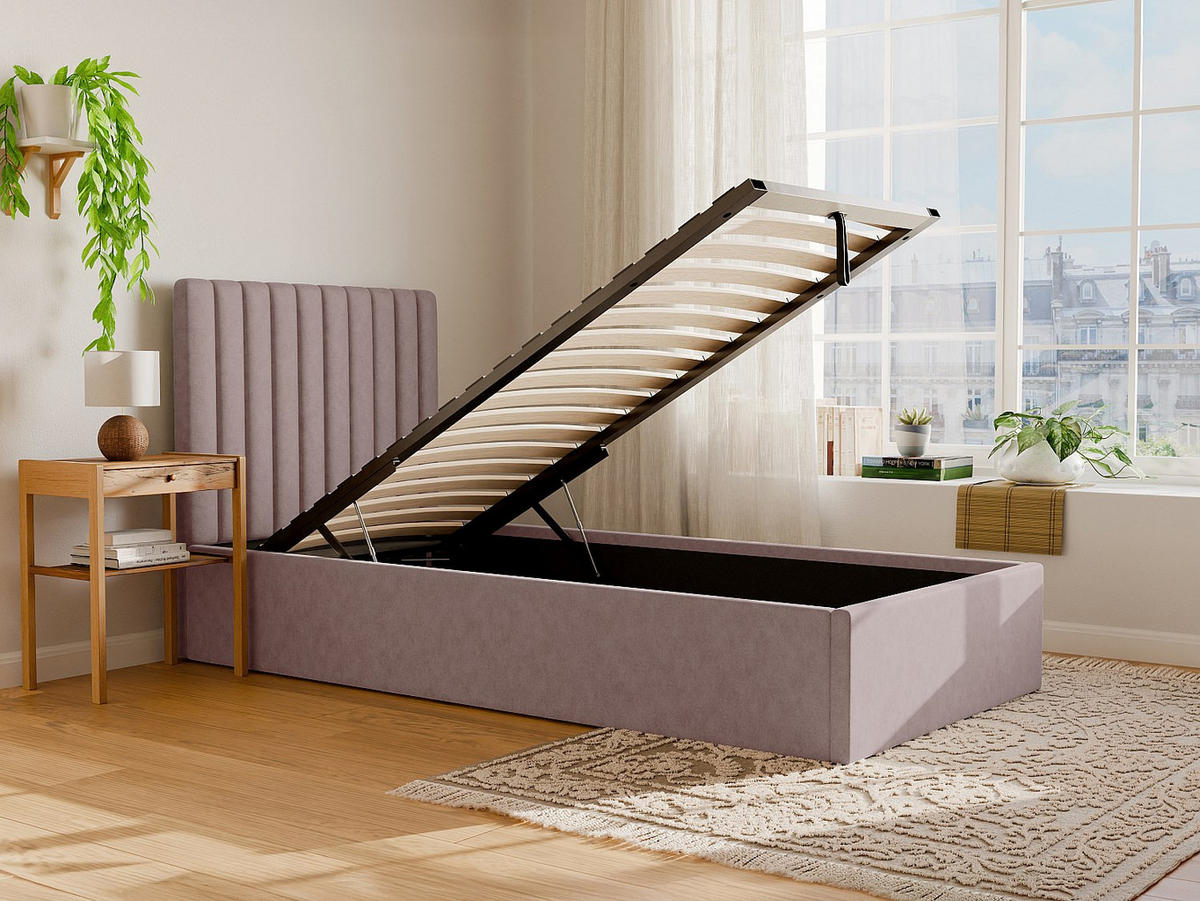BETT mit Bettkasten - 1 Person - Stoff - Rosa - Pink, Textil (90/190cm) - Vente-Unique