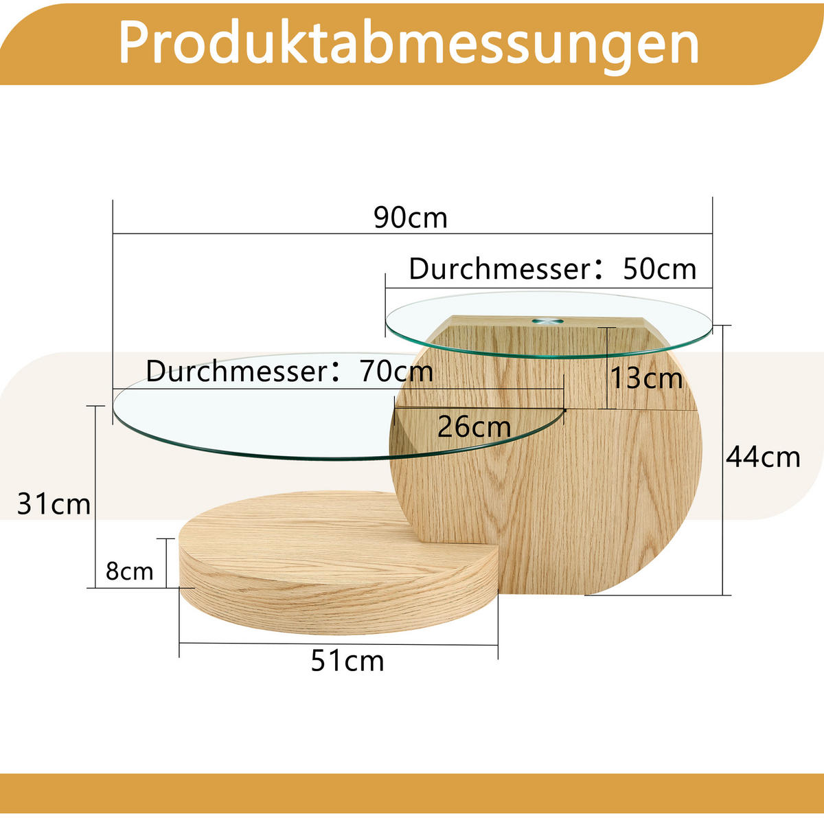 COUCHTISCH 70/70/44 cm mit Sicherheitsglas und mehrstufigen Ablageflächen, Transparent/Holzfarben - Klar, Holzwerkstoff (70/70/44cm) - Redom