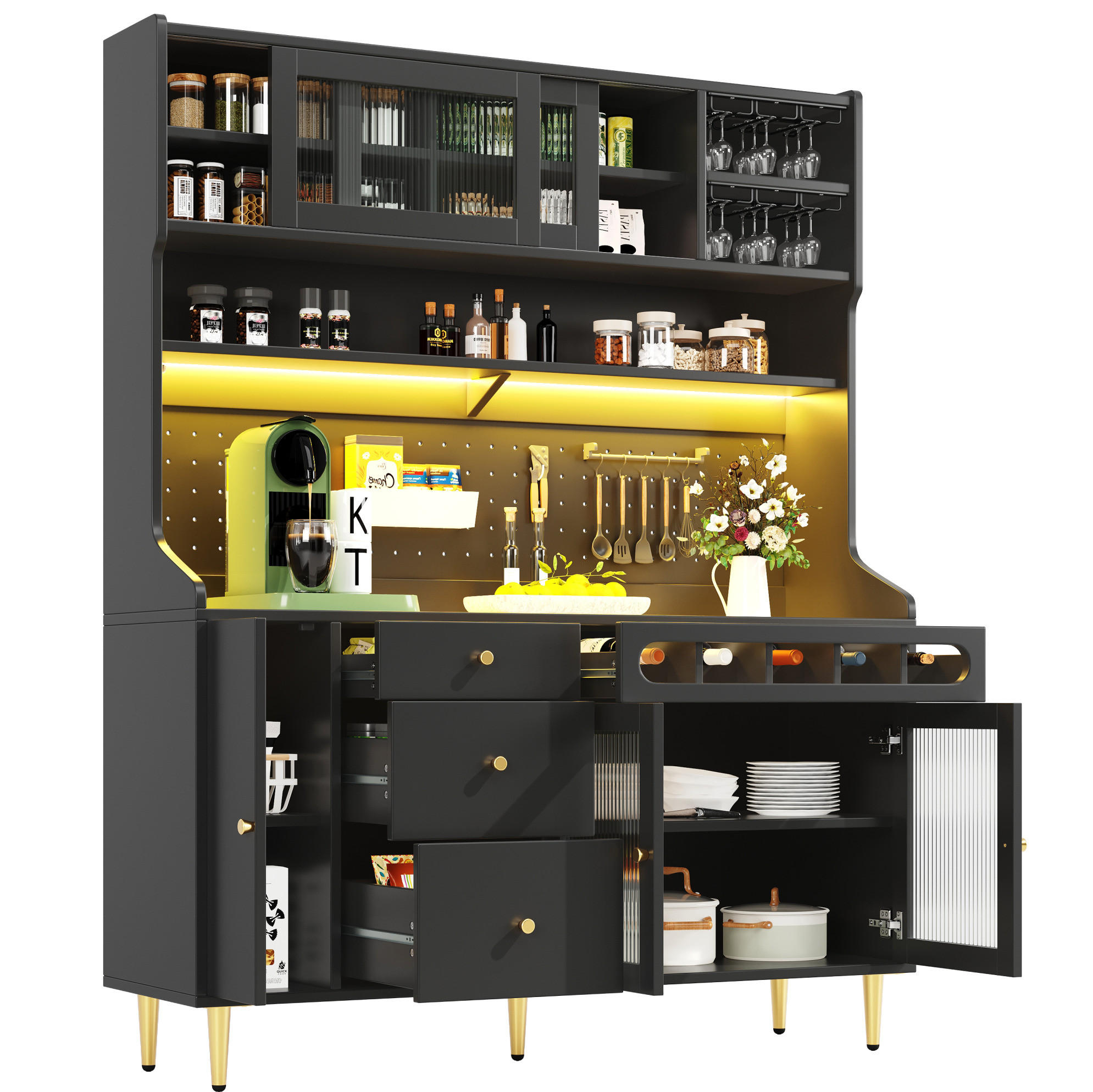 BUFFET 145/39/171 cm aus MDF und Glas mit LED-Beleuchtung und Weinregal Schwarz - Schwarz, Holzwerkstoff (145/171/39cm) - Modenvie