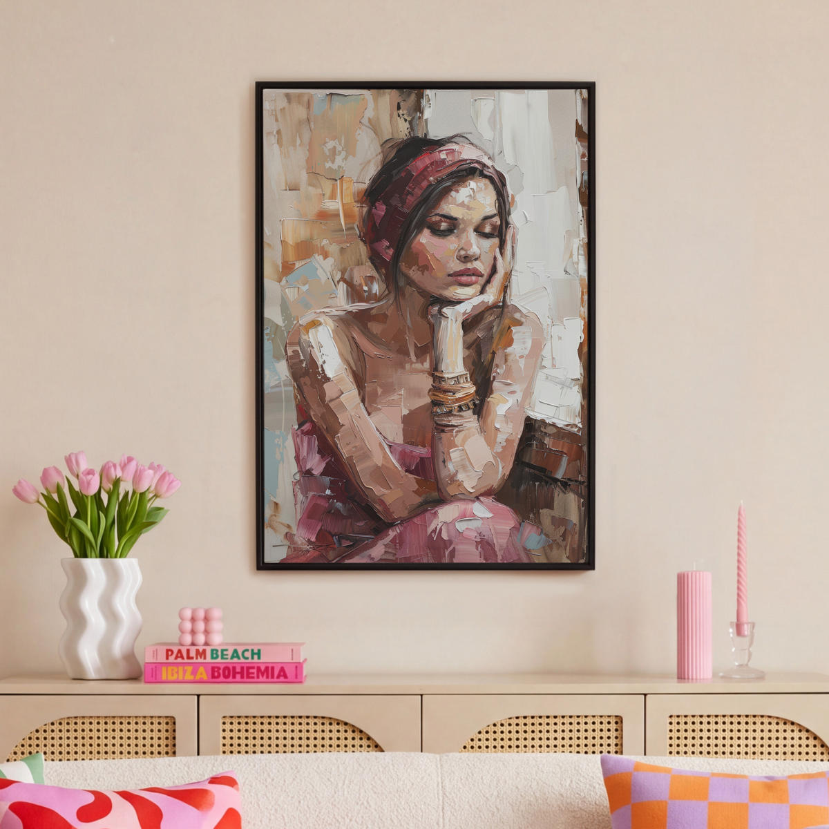 LEINWAND Bilder mit Rahmen - Frau - Lackierung - Porträt - Modern - 60x90 - Altrosa, Textil (60/90cm) - MuchoWow