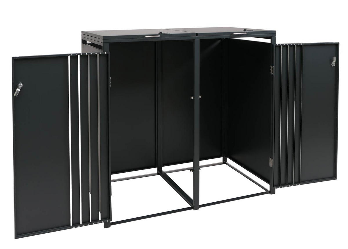MÜLLTONNENBOX 2er mit Deckel HxBxT 122x132x84cm Anthrazit Holzoptik dunkel - Anthrazit, Metall (132/122/84cm) - PROREGAL