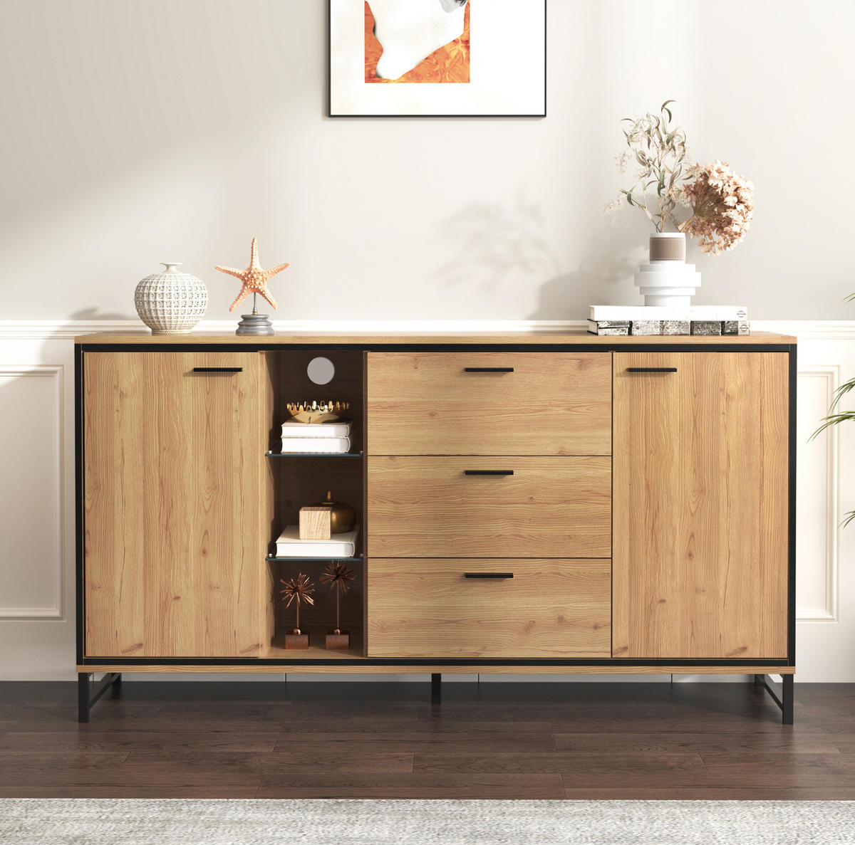 SIDEBOARD 160/40/85 cm aus Holzwerkstoff mit LED-Beleuchtung und verstellbaren Regalböden, Natur/Schwarz - Naturfarben, Holzwerkstoff (160/85/40cm) - Redom