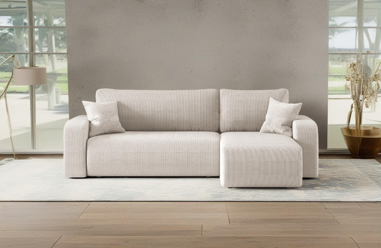 ECKSOFA L-FORM Schlaffunktion Und Bettkasten Eckcouch MILANO L Stoff Dicker Cord Beige Rechts - Beige, Holz/Textil (244/142cm) - Kaiser Möbel