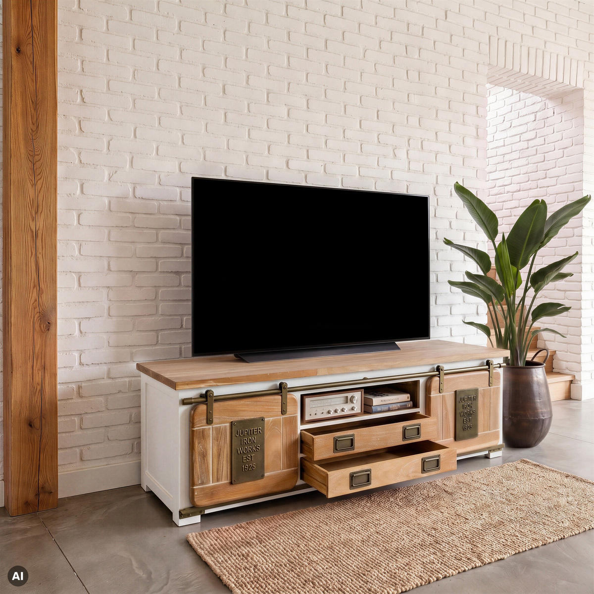 TV-BOARD Mango 180x55x50 weiß lackiert RAILWAY #314 - Weiß, Holz (180/50/55cm) - Massivmoebel24