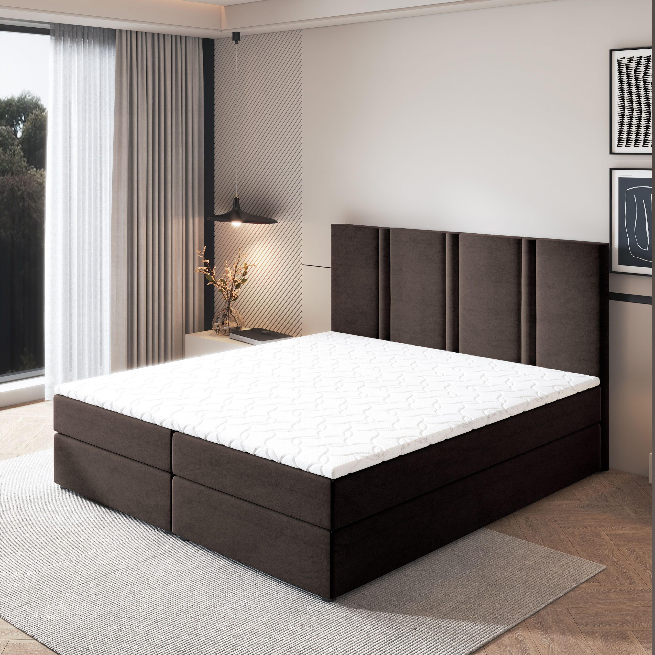 BOXBETT LARIO 140x200 cm mit Matratze und Topper - Braun - Braun, Holz (140/200cm) - MASSENO