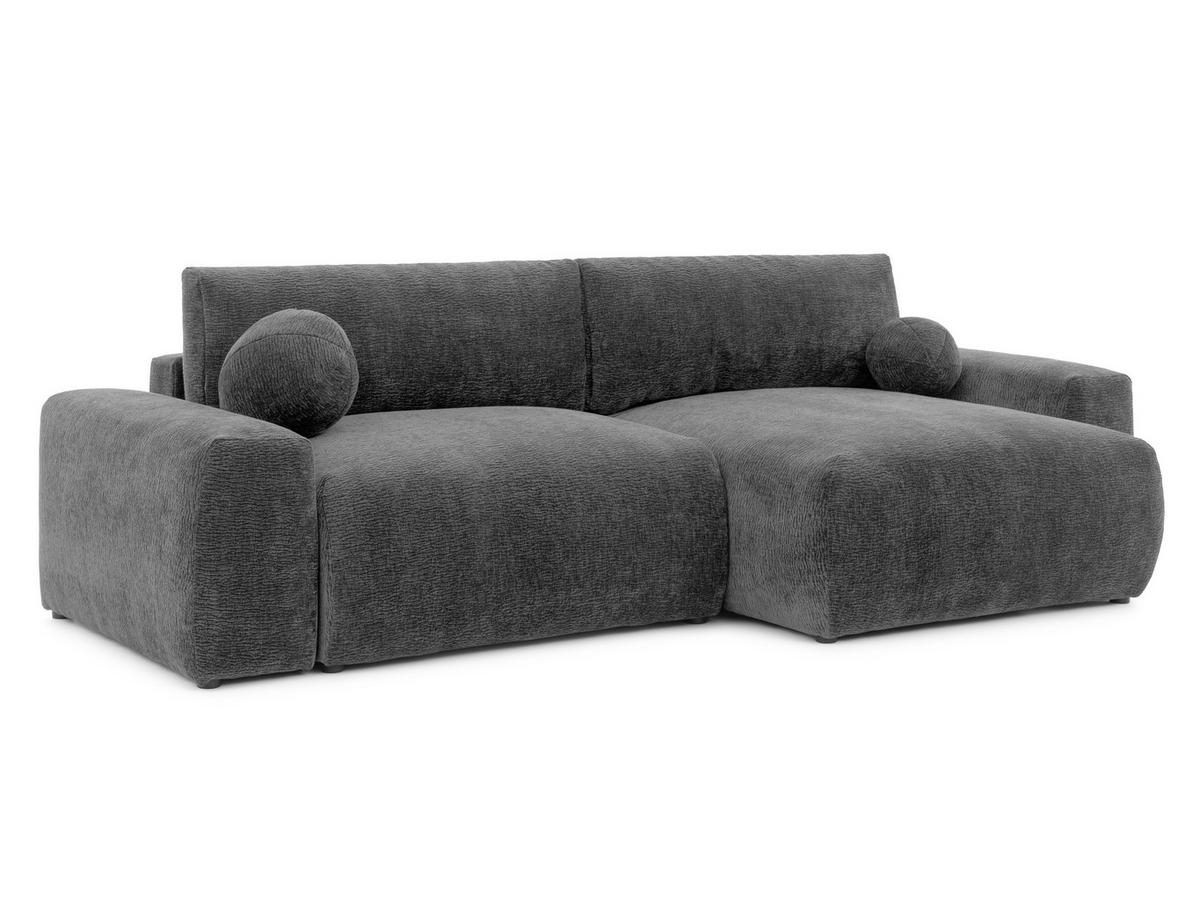 ECKSOFA Puffy mit Schlaffunktion und Bettkasten - besonders weich und puffig aus Dunkelgrau Stoff mit Chenillestruktur - Ottomane rechts - Dunkelgrau/Schwarz, Holz/Kunststoff (266/138cm) - S-Style Möbel