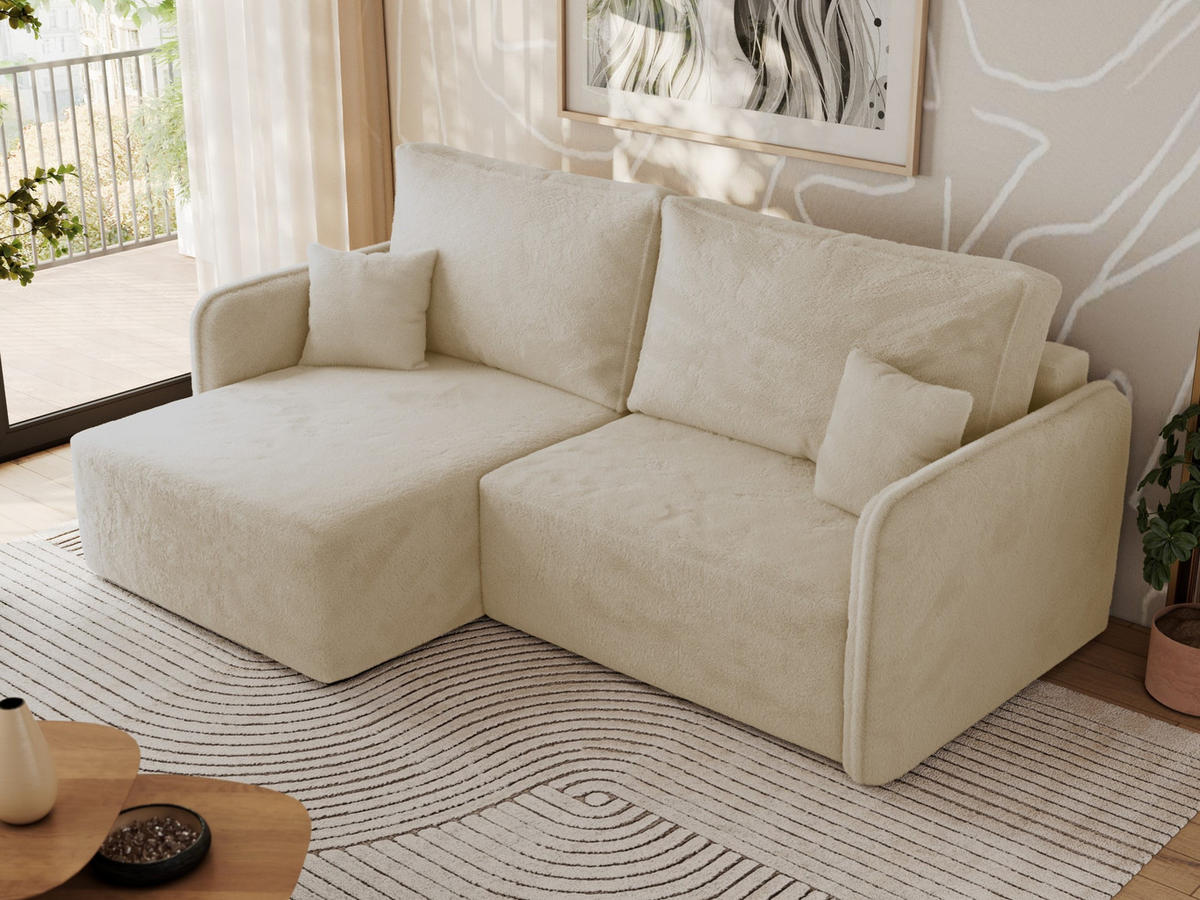 ECKSCHLAFSOFA MESTO L Creme Plüsch - links - Creme/Schwarz, Kunststoff/Textil (227/147cm) - MKS