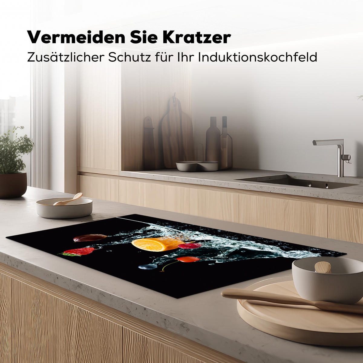 HERDABDECKPLATTE Wasser - Obst - Orange - Erdbeere - Kirsche - Schwarz 91x52 cm - Orange, Kunststoff (91.2/0.2/52cm) - MuchoWow