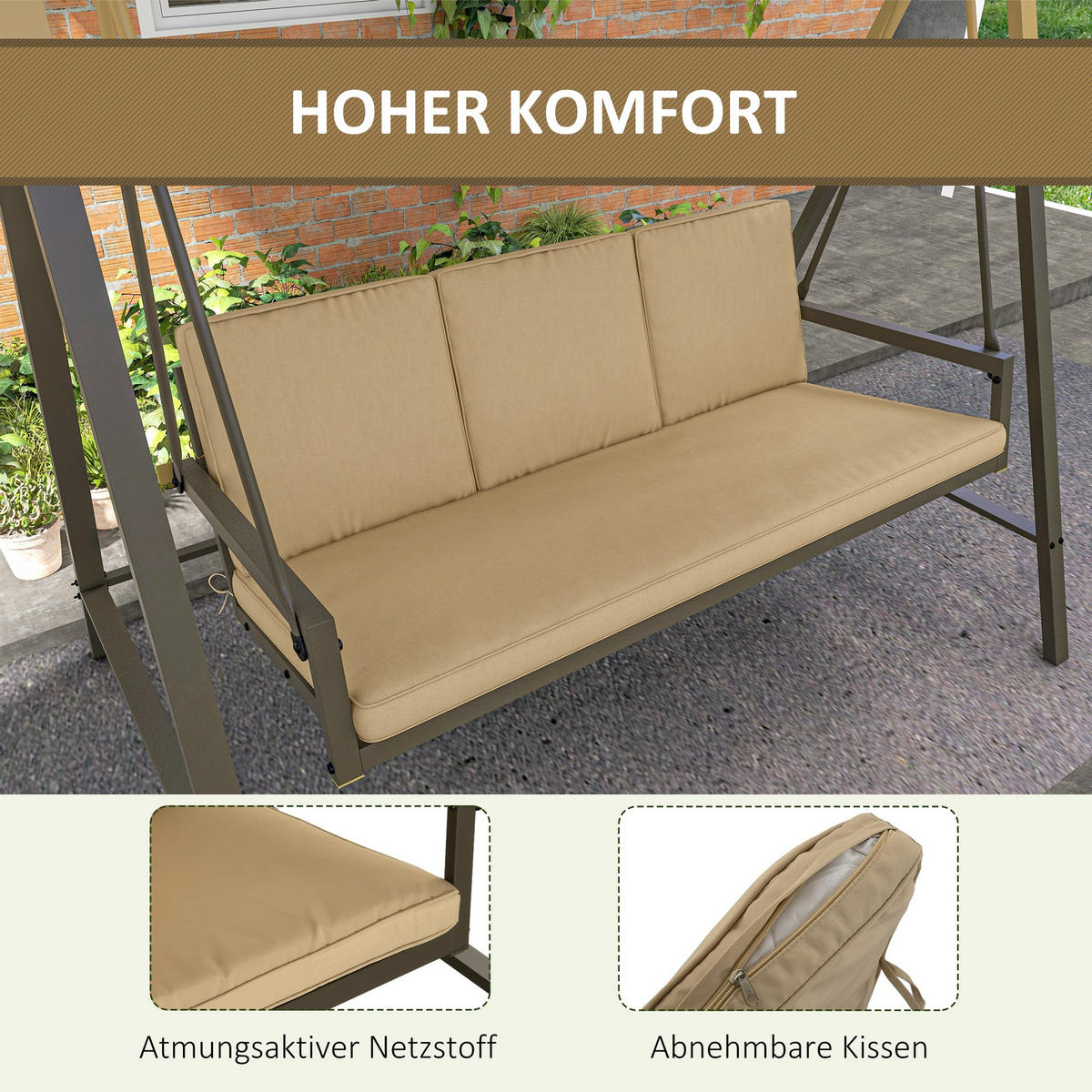 HOLLYWOODSCHAUKEL, 3-Sitzer, Beige, 200 x 125 x 175 cm - Beige, Kunststoff (125/175/200cm) - Outsunny