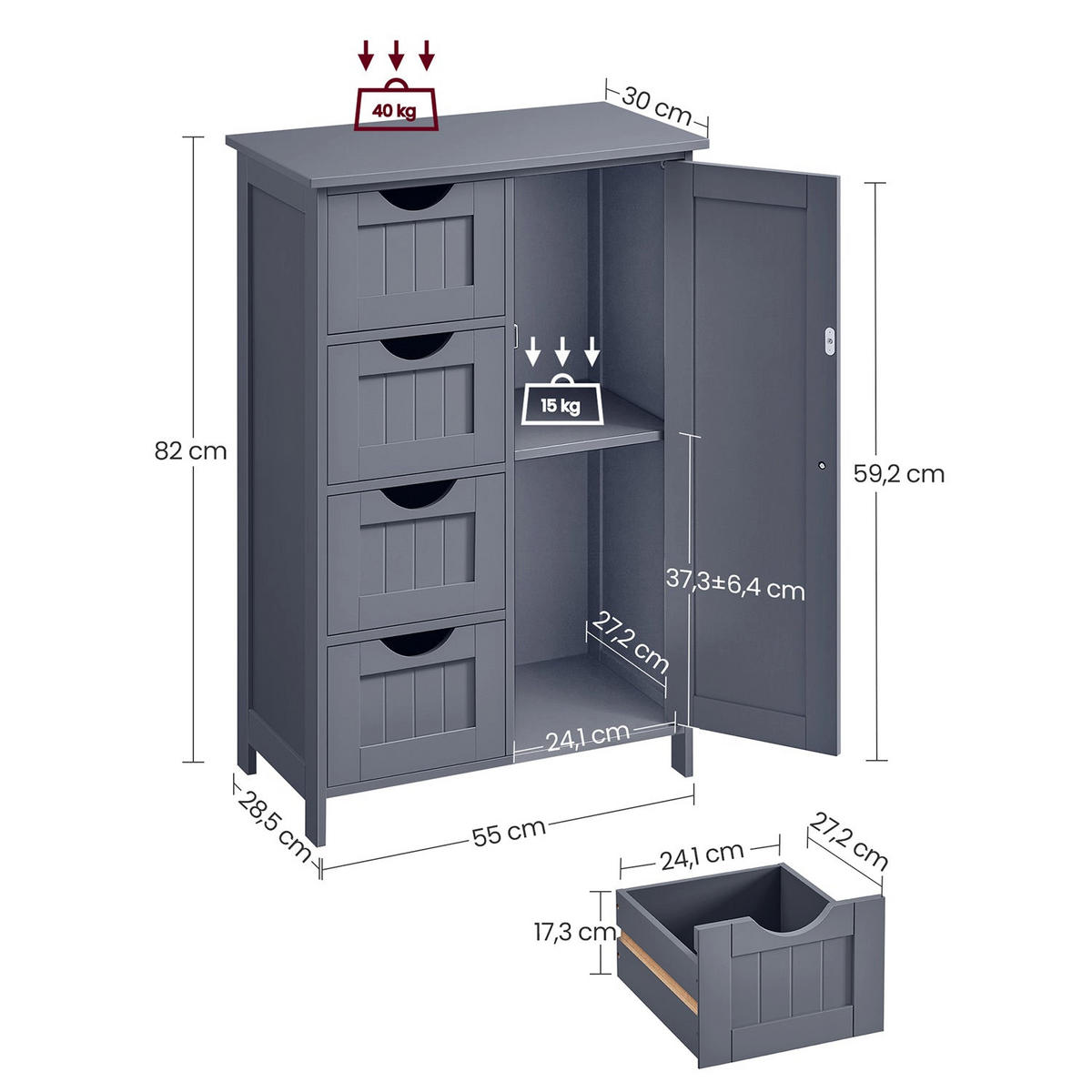 BADEZIMMERSCHRANK PORT-AU-PRINCE - Grau, Holzwerkstoff (55/82/30cm) - Hansiro