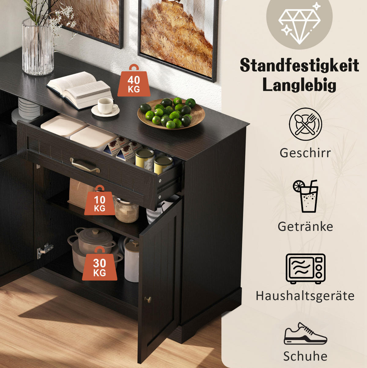 SIDEBOARD mit 3 Türen, Schublade und verstellbaren Einlegeböden, MDF Schwarz - Schwarz, Holzwerkstoff (107/83.4/40cm) - Redom