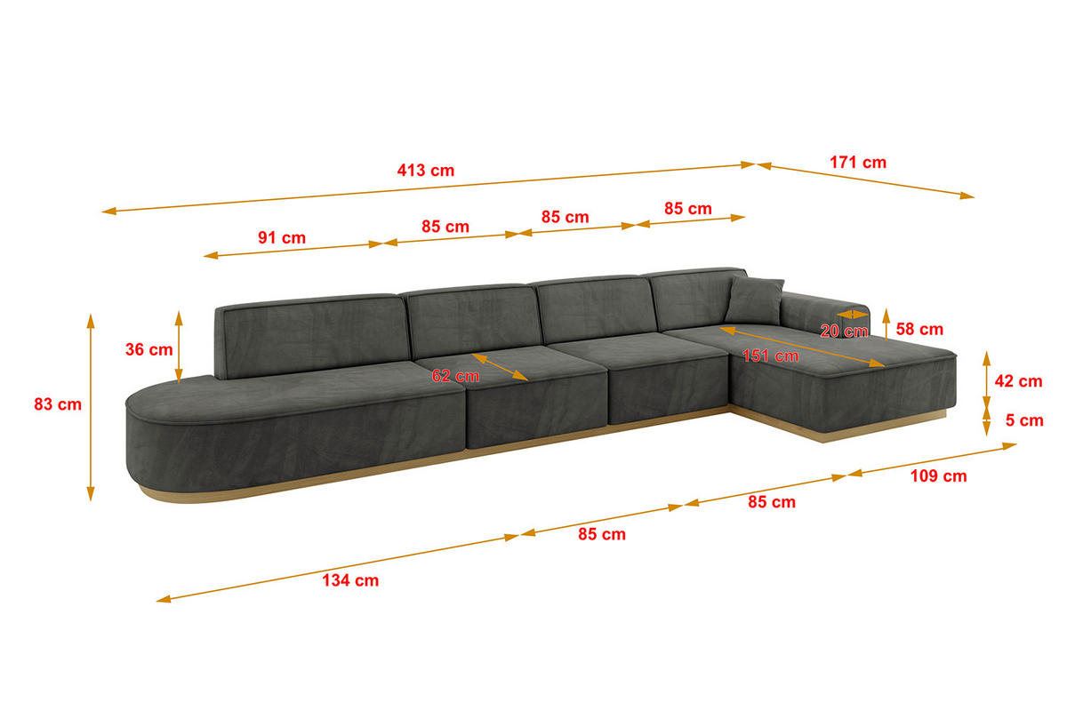 ECKSOFA Ottomane Rechts IREA-L3-v2 - 413x171x83 cm Ecru - Anthrazit, Holzwerkstoff/Textil (171/413cm) - ALTDECOR