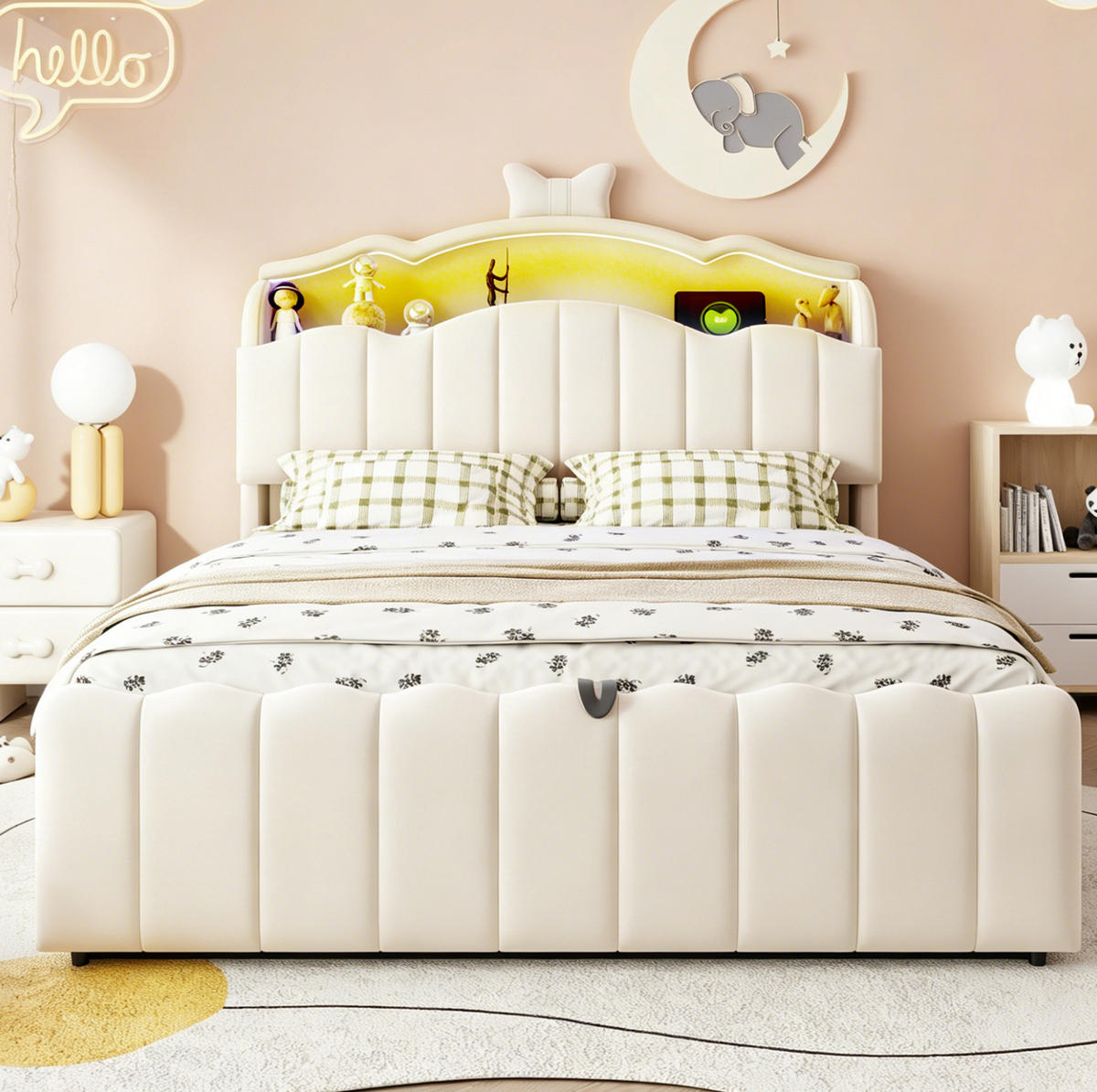 KINDERBETT 140x200 cm in Beige mit LED, USB-/USB-C-Anschlüssen und hydraulischem Stauraum - Beige, Textil (140/200cm) - IVMEU
