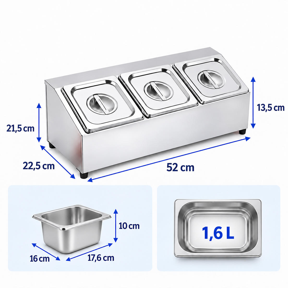 INGREDIENSBEHÅLLARE Silverfärgad 3-fack rostfritt stål med lock 52 cm - Silverfärgad, Metall/Plast - Relaxdays