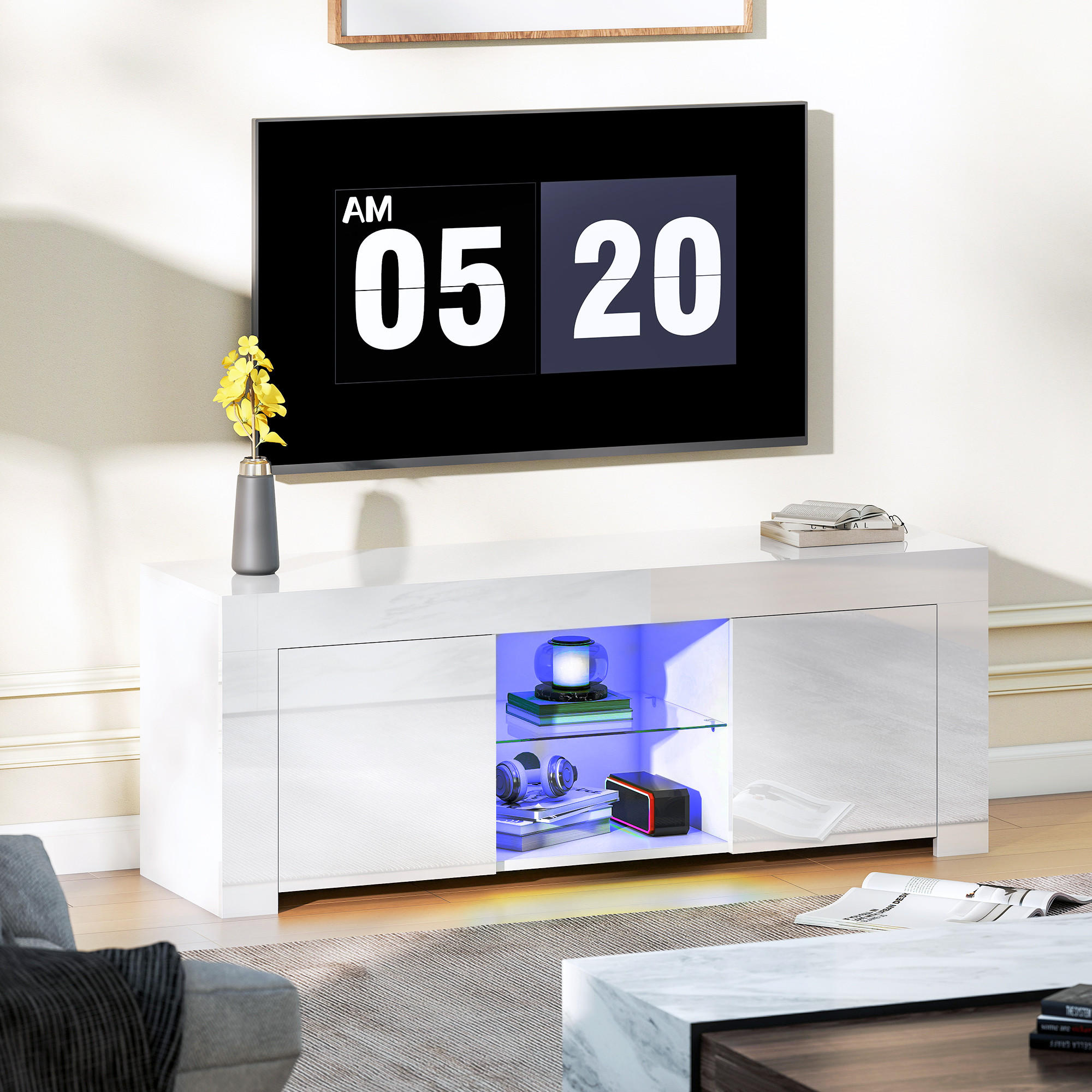 TV-SCHRANK mit LED-Beleuchtung, 2 Schranktüren, Glasregal, Kabellöcher Weiß - Weiß, Glas/Holzwerkstoff (34/45/120cm) - HOMCOM
