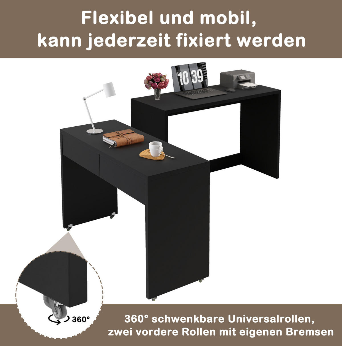 SCHREIBTISCH 2-in-1 ausziehbar 110x40x78 cm Schwarz mit Rollen - Schwarz, Holz (110/40/78cm) - Meubliv