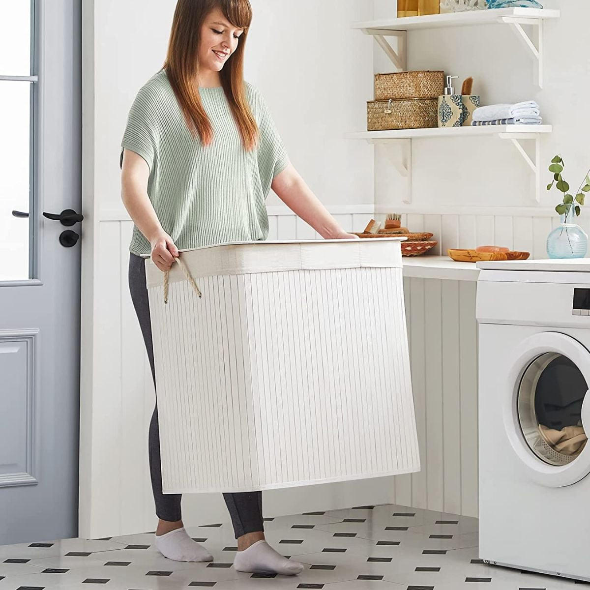 WÄSCHEKORB 3 Fächer mit abnehmbaren Beuteln Bambus und Weiß - Weiß, Holz (42.5/61.5/60cm) - Calicosy