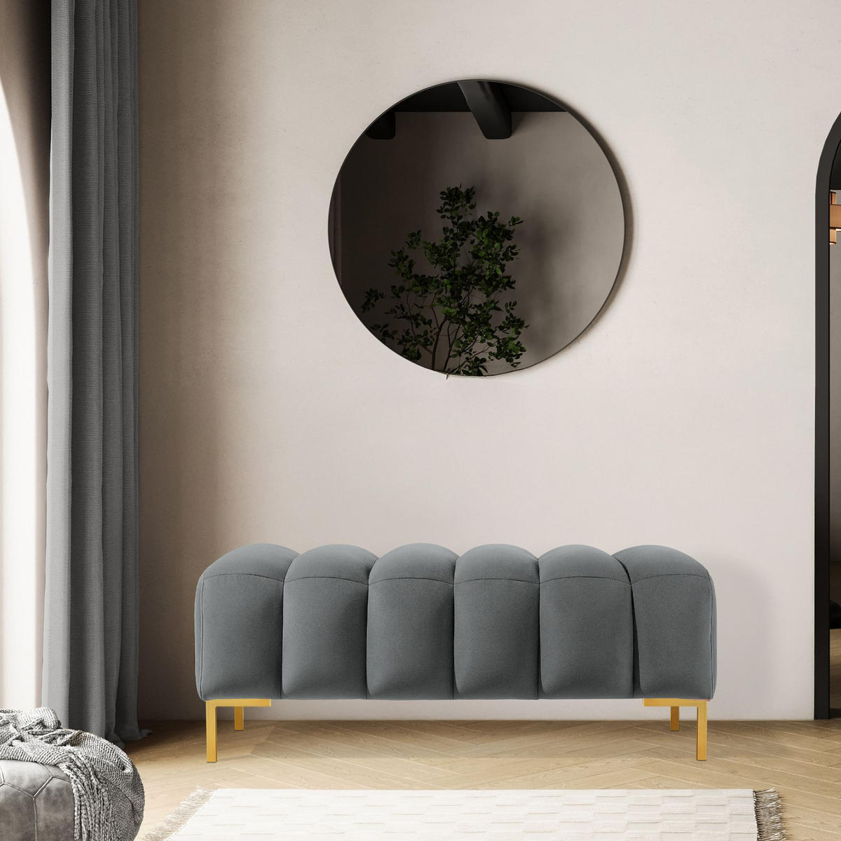 SITZHOCKER Polsterhocker PECCO, Veloursstoff - Dunkelgrau/Goldfarben, Holz/Textil (120/50/50cm) - KONSIMO®