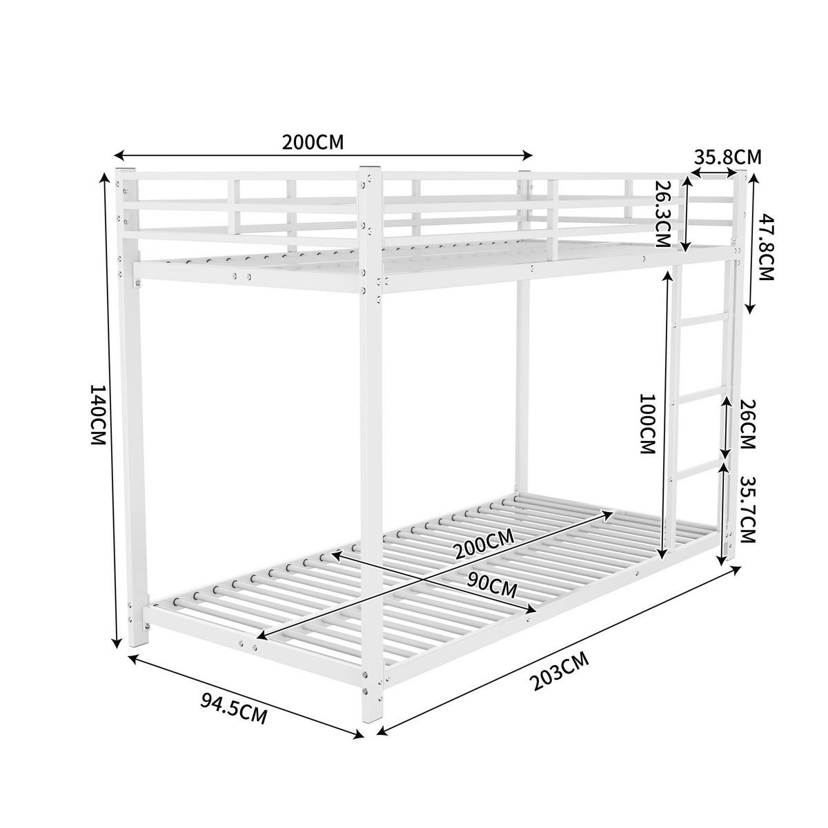ETAGENBETT 90/200 cm aus Metall in Weiß – platzsparend und stabil - Weiß, Metall (90/200cm) - BEAOK