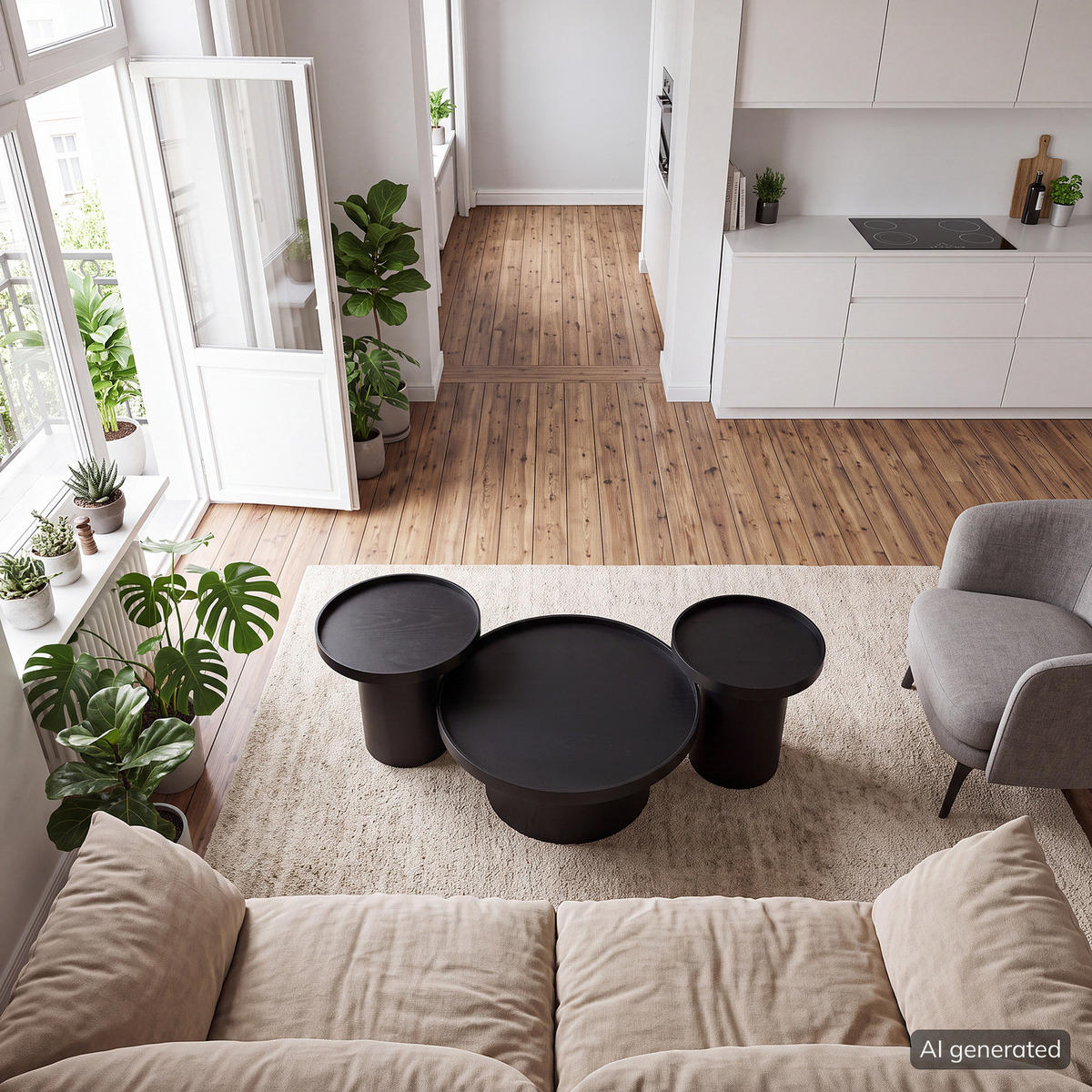 COUCHTISCH-SET 3-TEILIG - MDF - Eiche - Eichefarben/Schwarz, Holzwerkstoff (80/80/35cm) - home24