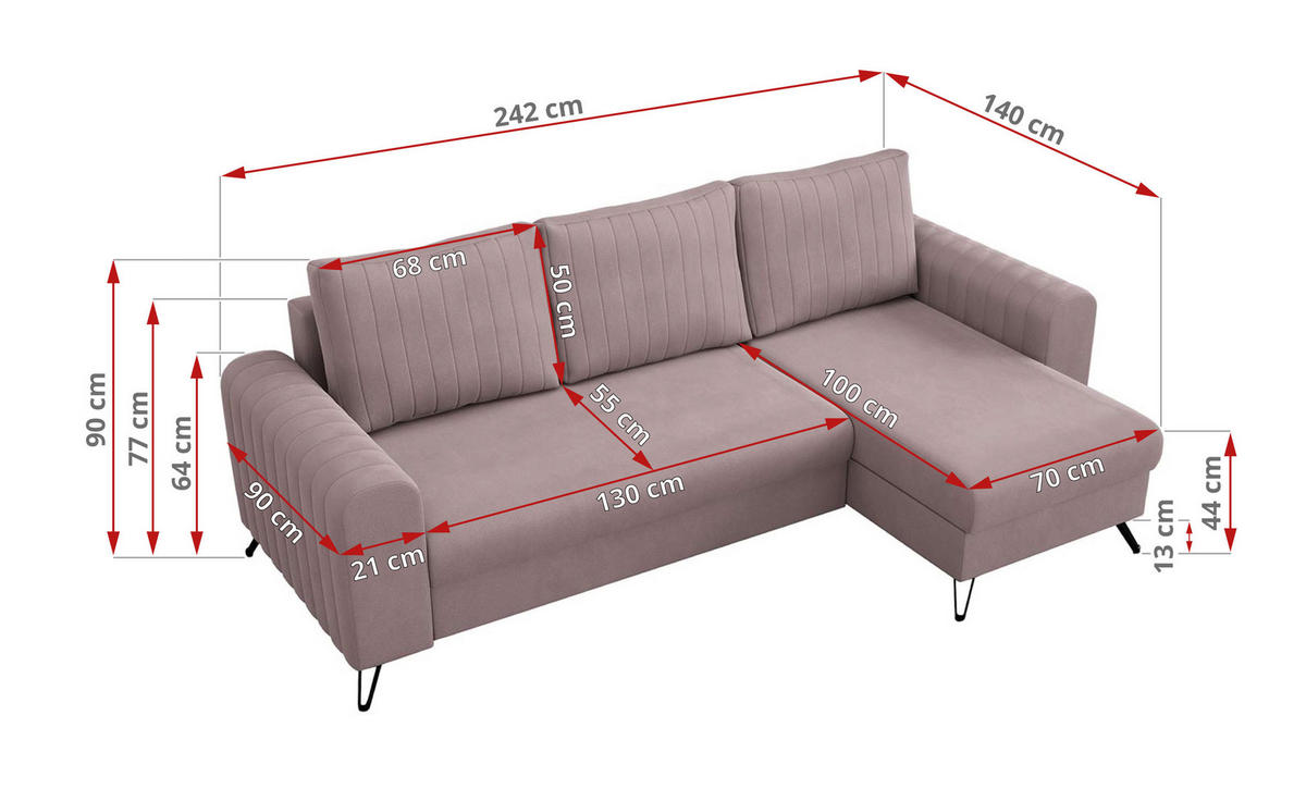 ECKSOFA Axel Samt Rosa - Schwarz/Rosa, Textil/Metall (242/140cm) - MKS