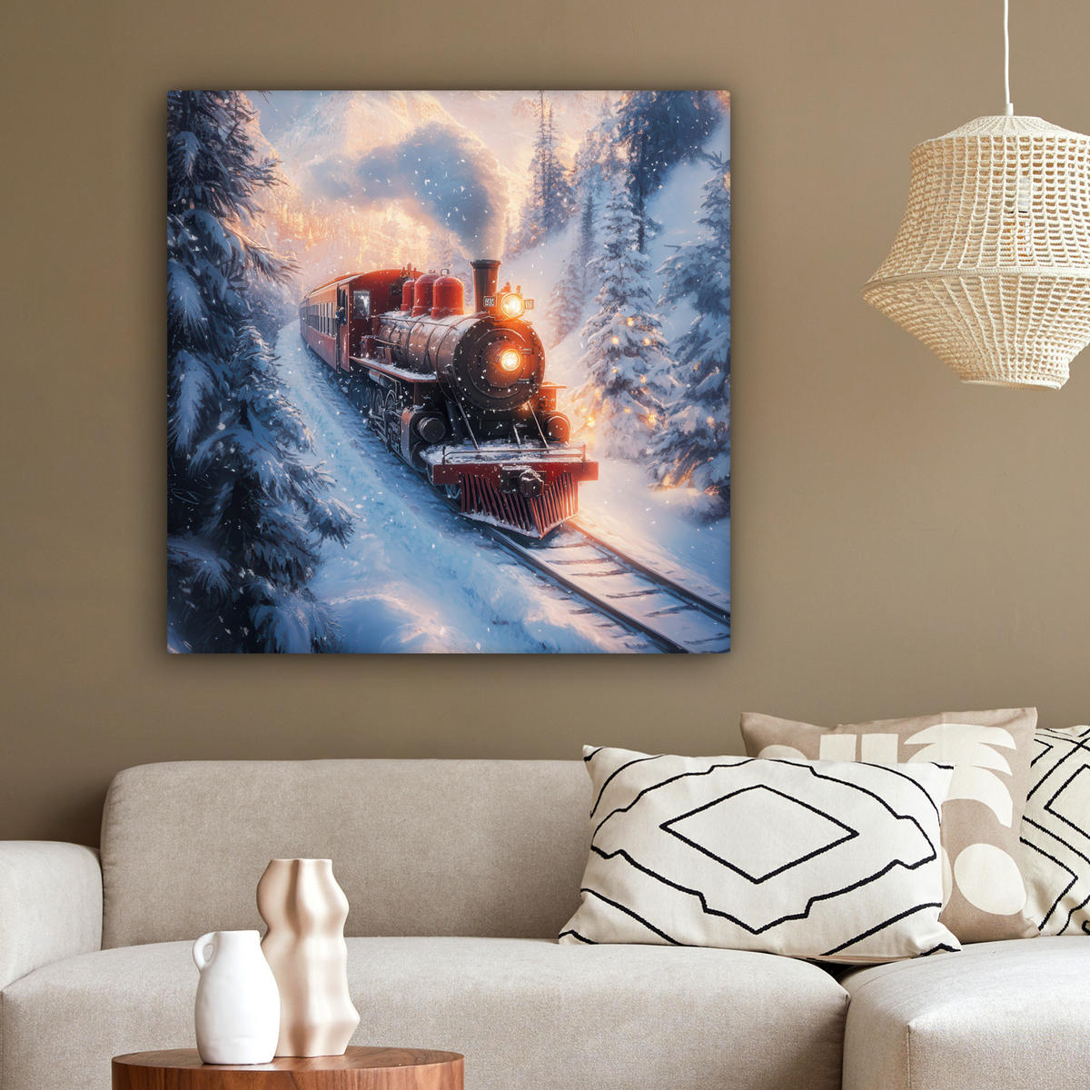 LEINWANDBILD Weihnachtszug - Schnee - Winter - Weihnachten 90x90 cm - Dunkelrot, Textil (90/90cm) - MuchoWow