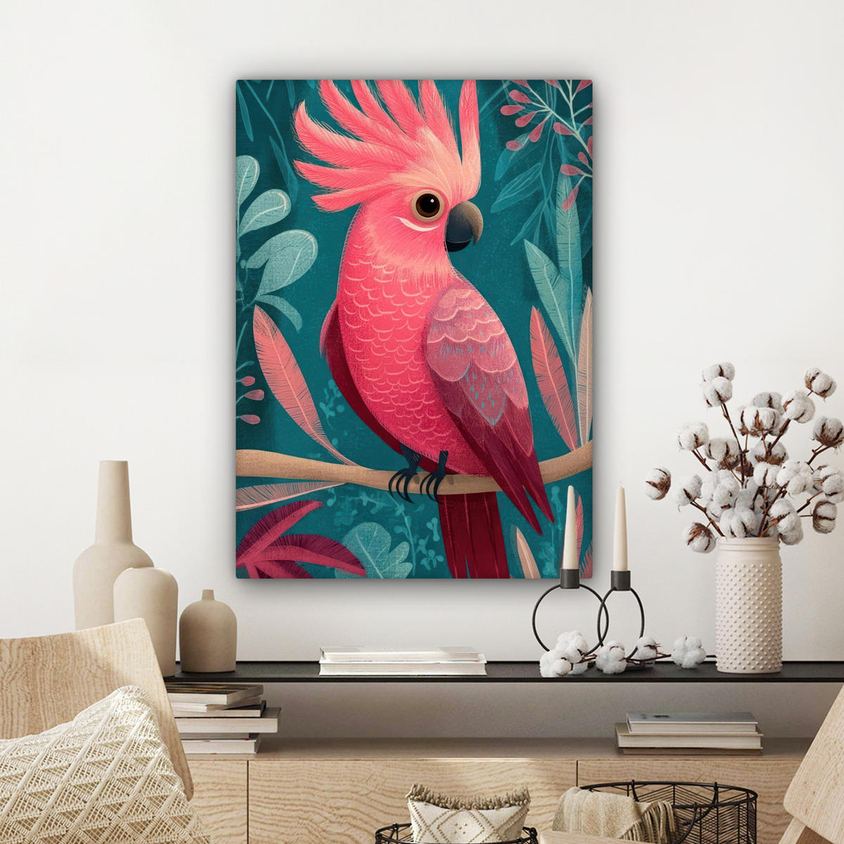 LEINWANDBILD Kakadu - Tropische Blätter - Zweig Wandbild Wohnzimmer 60x80 cm - Petrol, Textil (60/80cm) - MuchoWow