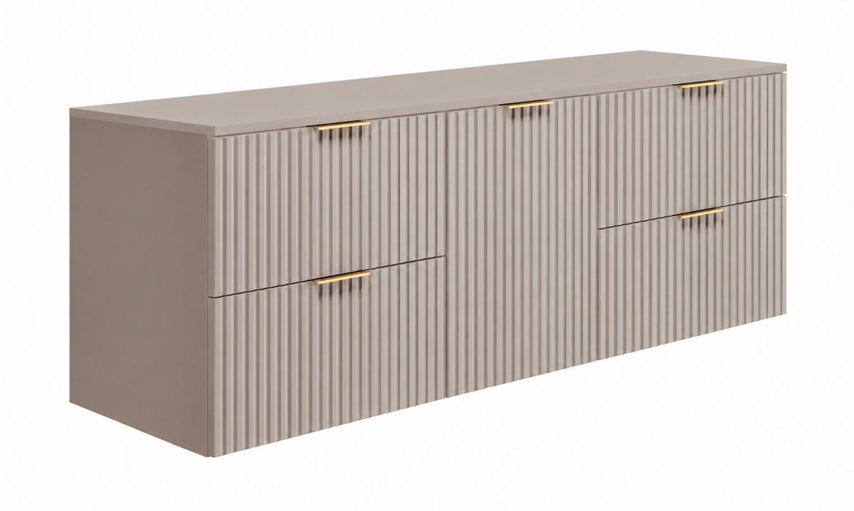 BADMÖBEL-SET MIT WÄSCHEKORB: Kaschmir / Platte Marmor Bianco, Griffe Schwarz, 160 x 46 x 57 cm - Kaschmir/Creme, Holzwerkstoff (160/57/46cm) - 3XE LIVING