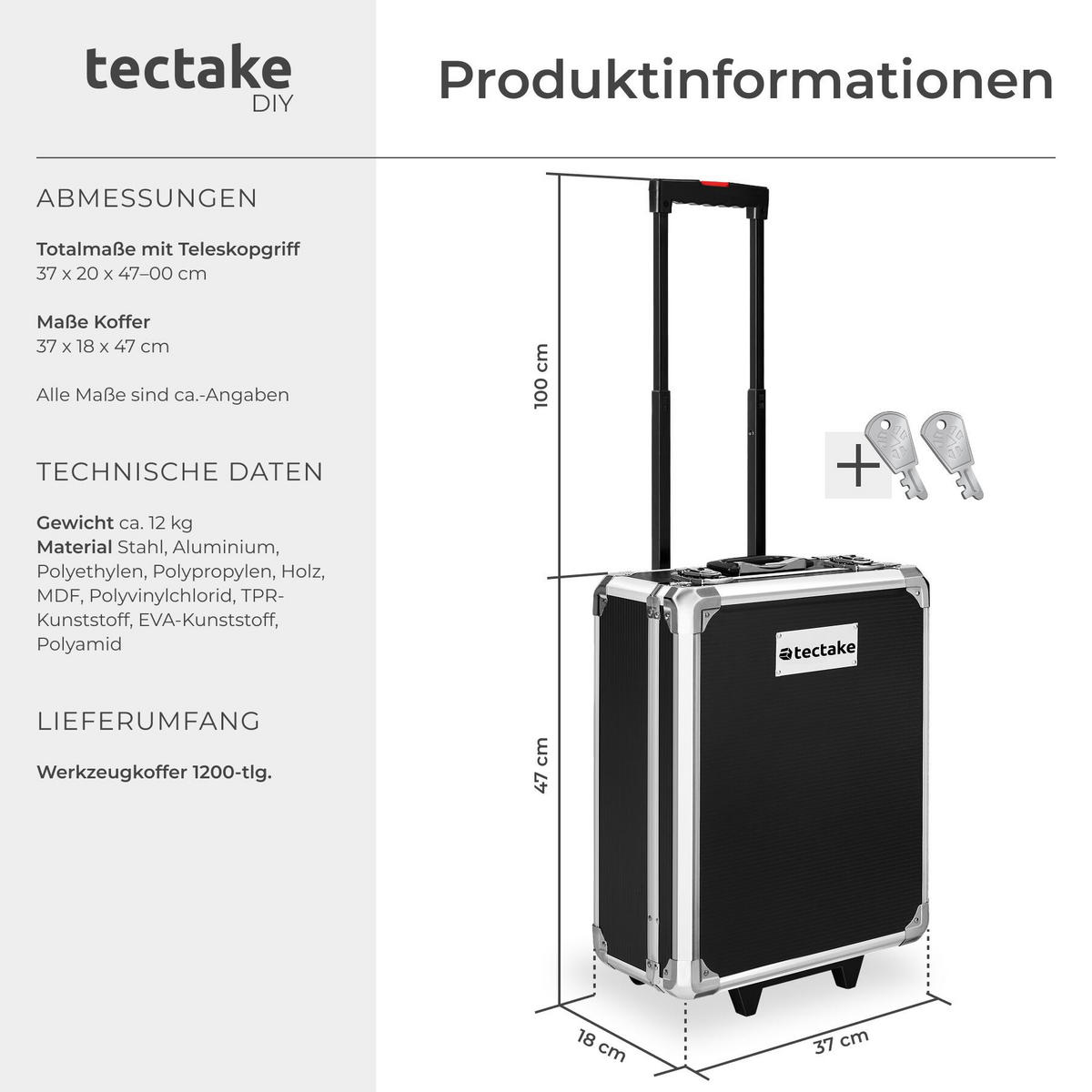 WERKZEUGKOFFER Alu-Trolley 1200-tlg., 4 Ebenen, abschließbar, schwarz, 37 x 20 x 47 cm - Schwarz, Metall (20/100/37cm) - tectake
