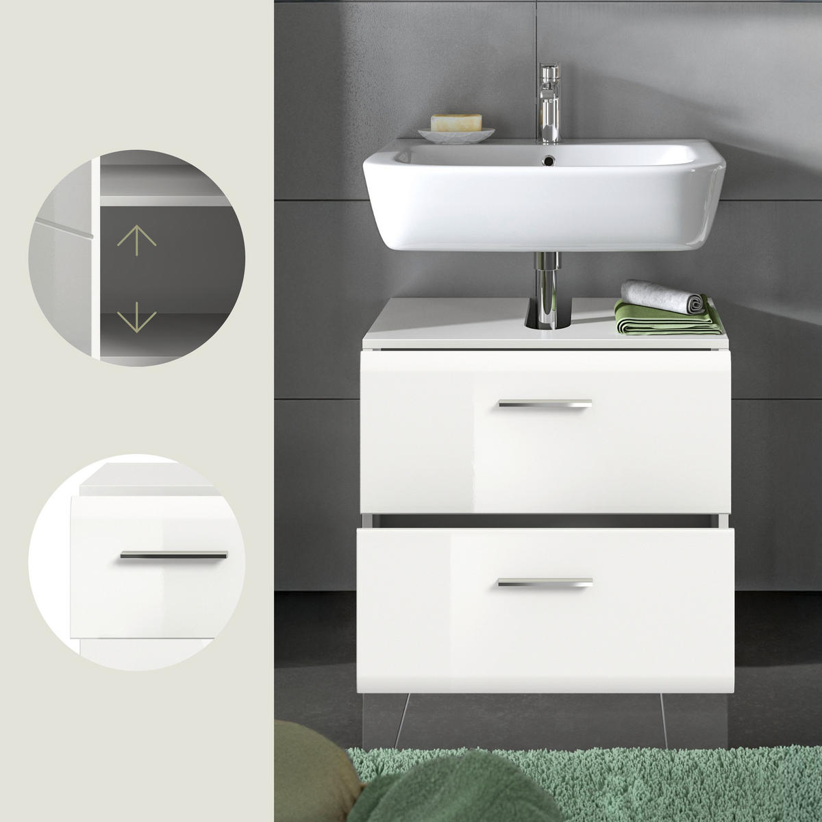 WASCHBECKENUNTERSCHRANK Ice Bad in weiß Nachbildung und weiß hochglanz B/H/T: 60x55x30 cm - Weiß, Holz (60/54/32cm)