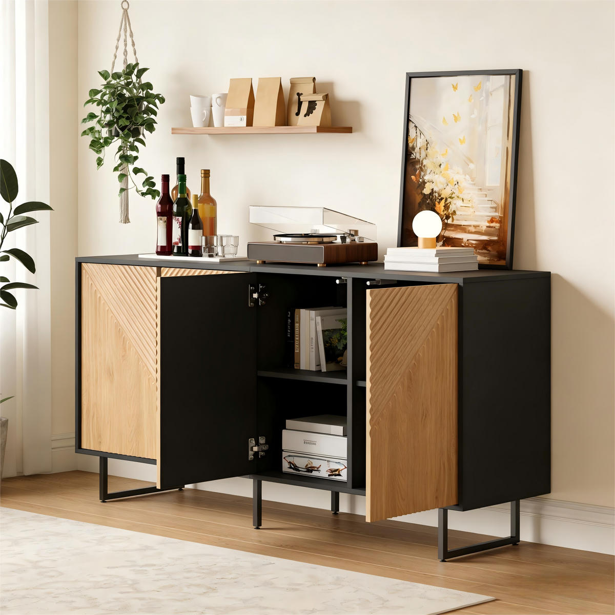 SIDEBOARD Holz Schwarz 4 Türen 160x40x75cm Vakuumform Stauraum - Naturfarben, Holzwerkstoff (40/75/160cm) - FLIEKS