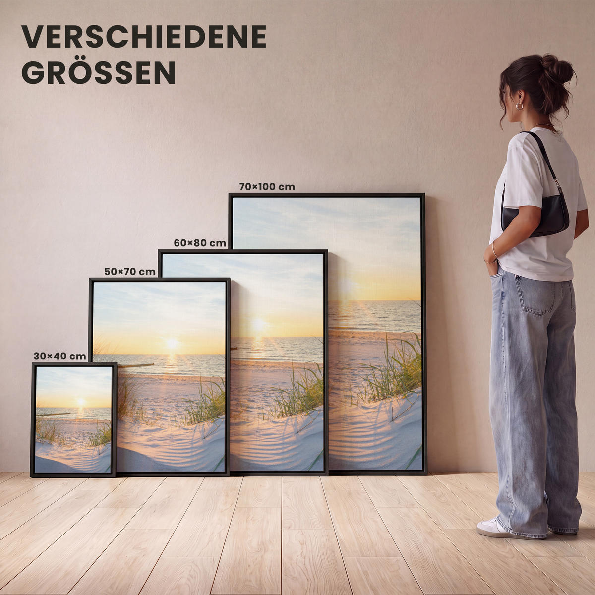 LEINWAND Bilder mit Rahmen - Strand - Sonne - Düne - Gras - Sand - Horizont - 50x70 - Hellblau, Textil (50/70cm) - MuchoWow