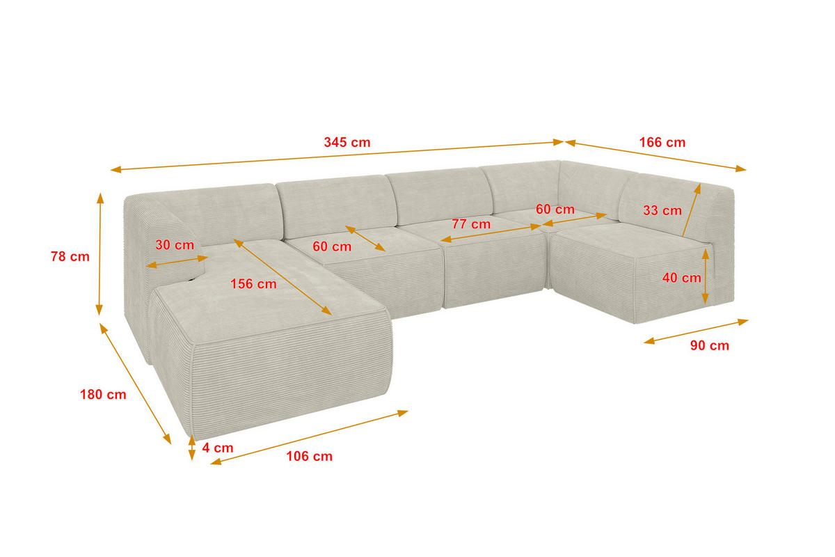WOHNLANDSCHAFT Ottomane Links MOVO-L 345x180x78 cm Cream Cord - Creme, Holzwerkstoff/Kunststoff (345/78/180cm) - ALTDECOR