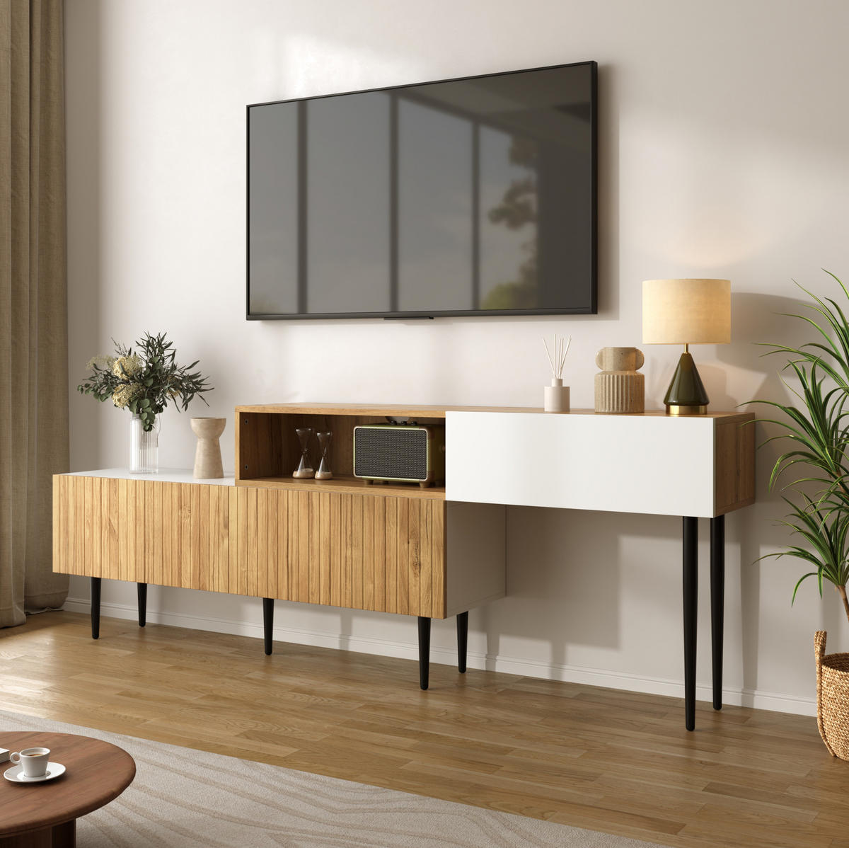 TV ormarić 120+120/30/63,5 cm bijeli i u boji drva od MDF-a i iverice s podesivom duljinom - prirodne boje, drvni materijal (220/63.5/30cm) - OKWISH