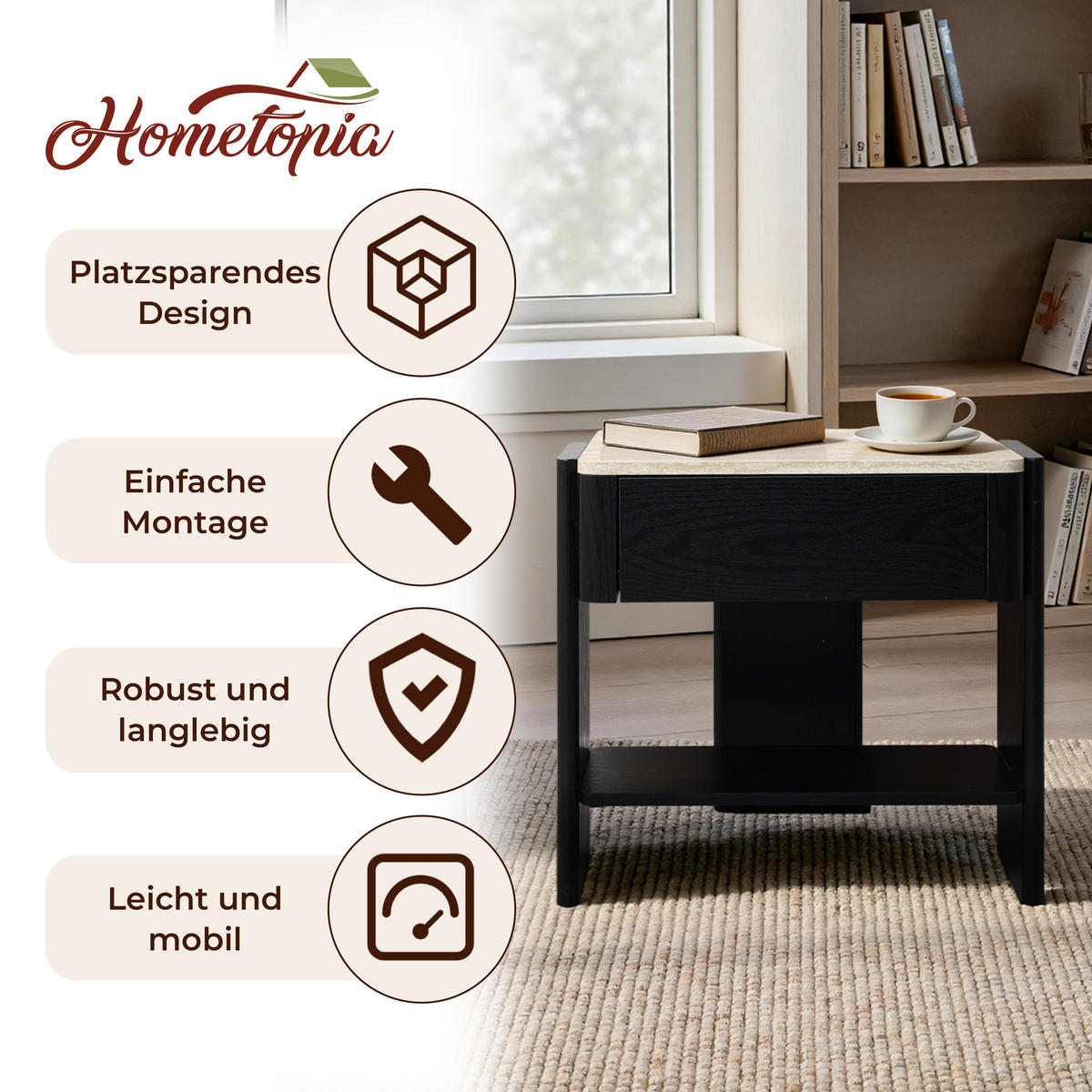 NACHTTISCH schwarz, B 55 × T 40 × H 53 cm - Schwarz, Holz (55/53/40cm) - Hometopia