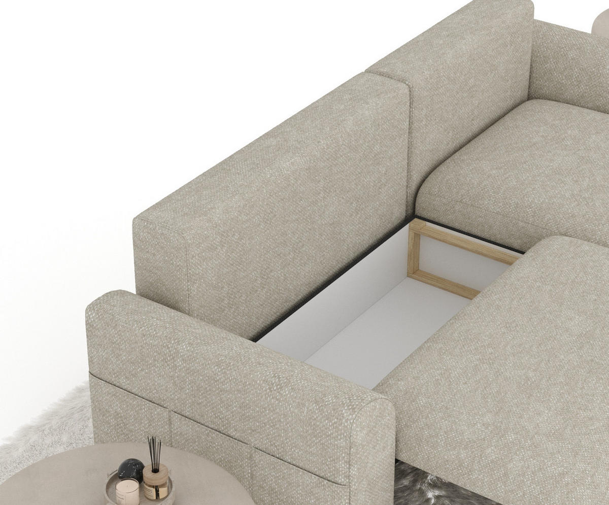 ECKSOFA MIT SCHLAFFUNKTION Bodega Beige Grau Chenille - Beige/Schwarz, Holz/Holzwerkstoff (235/138cm) - Maison de Reve