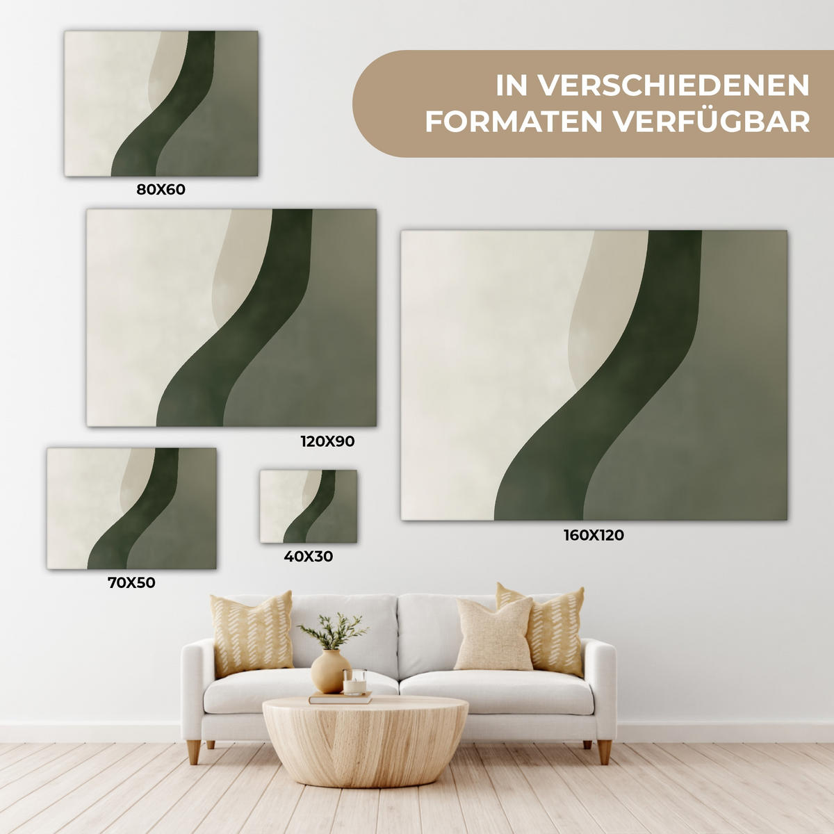 LEINWANDBILD Japandi - Grün - Abstrakt - Modern 40x30 cm - Salbeigrün, Textil (40/30cm) - MuchoWow