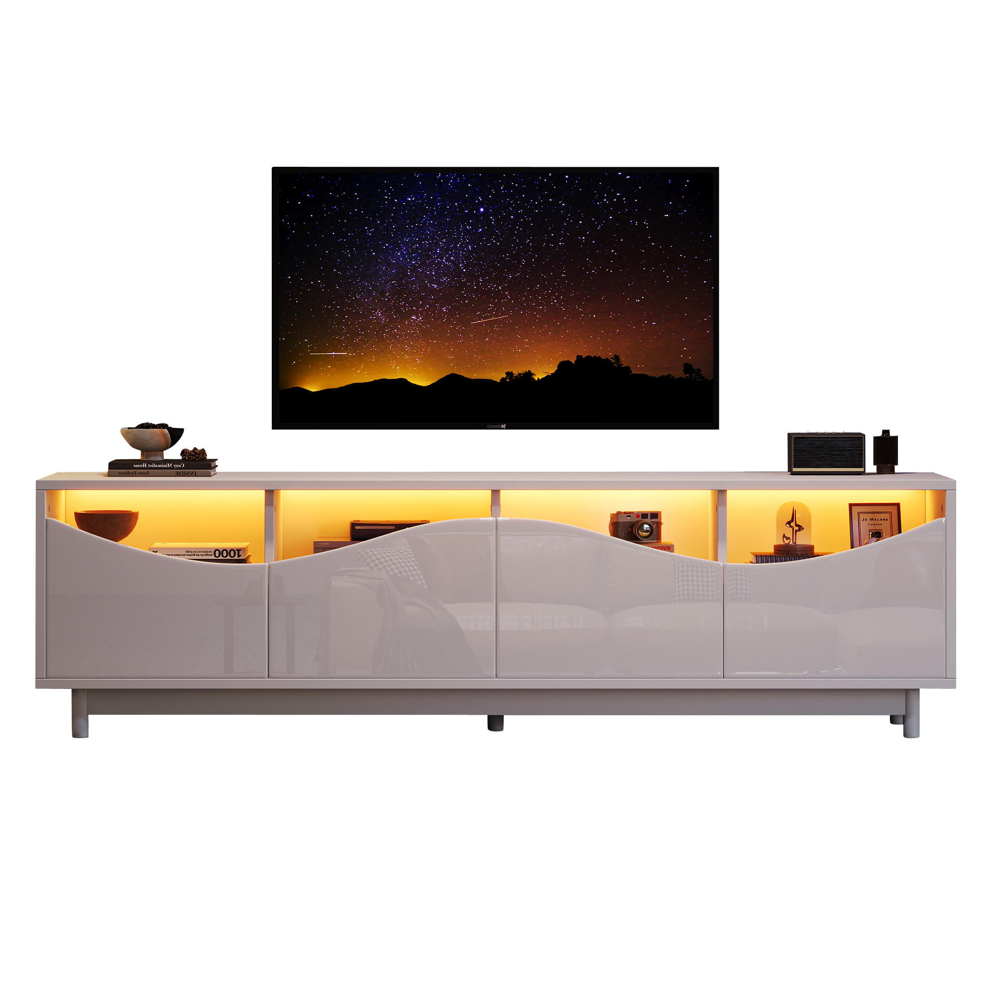 LOWBOARD 175/38/51 cm aus MDF mit LED-Beleuchtung und Glasfront Weiß - Weiß, Holzwerkstoff (175/51/38cm) - Modenvie