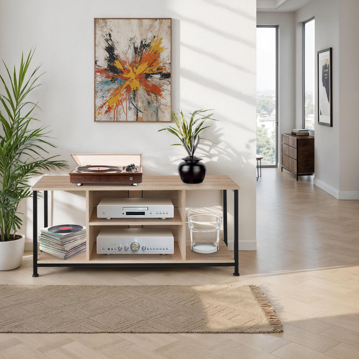 TV-REGAL Austin,110 x 40 x 50,5 cm,Industrial Holz hell, Eiche Sonoma - Naturfarben, Holzwerkstoff (40/50.5/110cm) - tectake