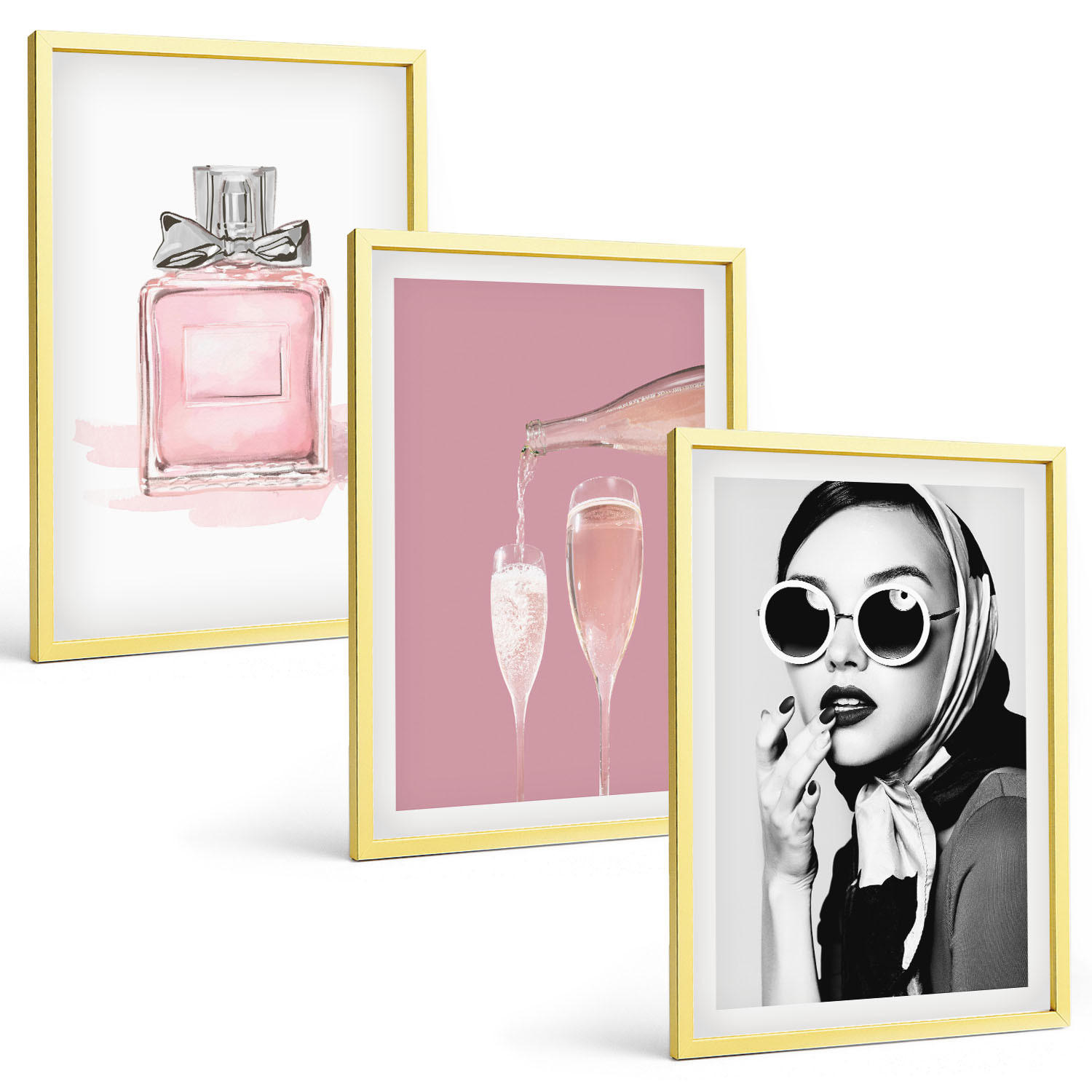 BILDER SET 3er Set - 40x60 cm Goldrahmen - Stilvolle pinkfarbene Accessoires - Goldfarben, Kunststoff (40/60cm) - TULUP