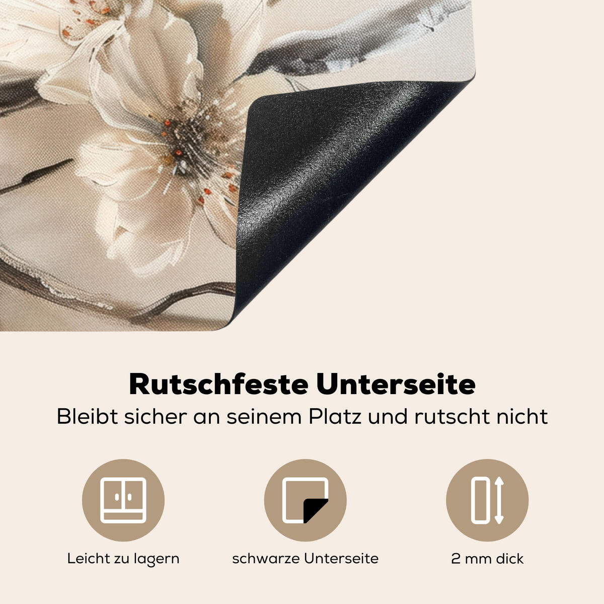 HERDABDECKPLATTE Blumen - Abstrakt - Gemalt - Beige 91x52 cm - Beige, Kunststoff (91.2/52/0.2cm) - MuchoWow